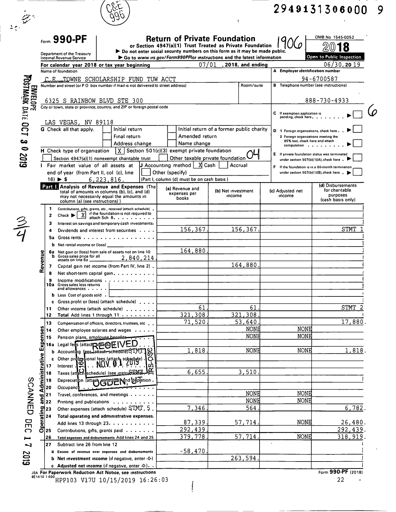 Image of first page of 2018 Form 990PF for Ce Towne Scholarship Fund Tuw Acct
