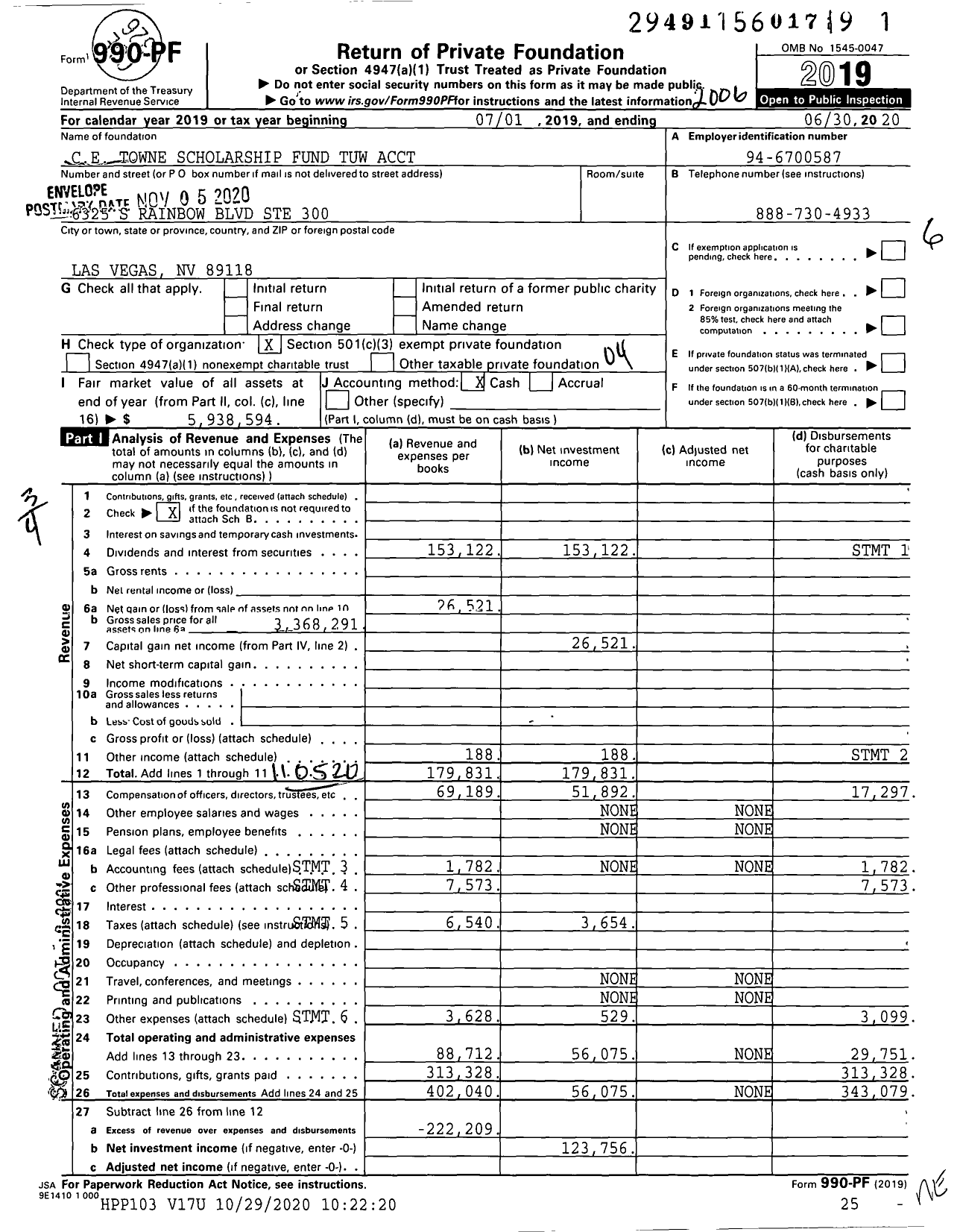 Image of first page of 2019 Form 990PF for Ce Towne Scholarship Fund Tuw Acct