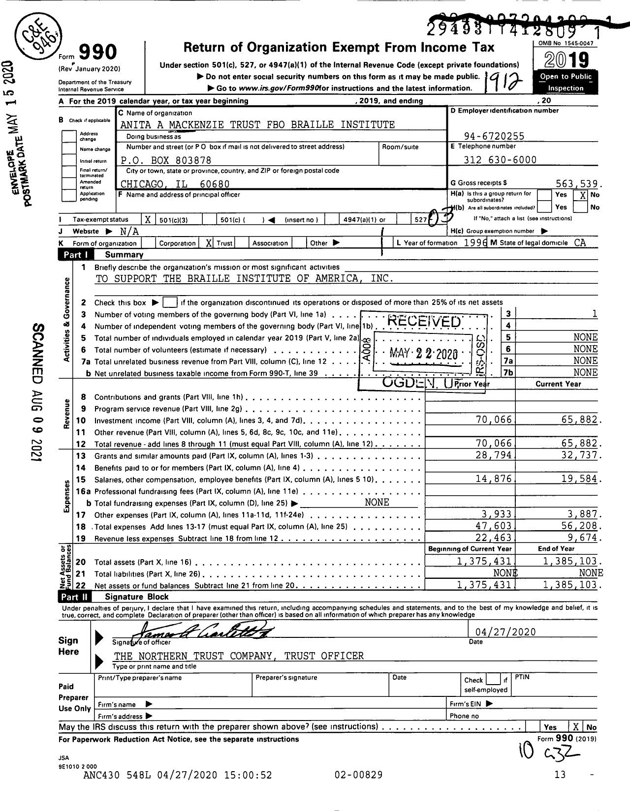 Image of first page of 2019 Form 990 for Anita A Mackenzie Trust Fbo Braille Institute