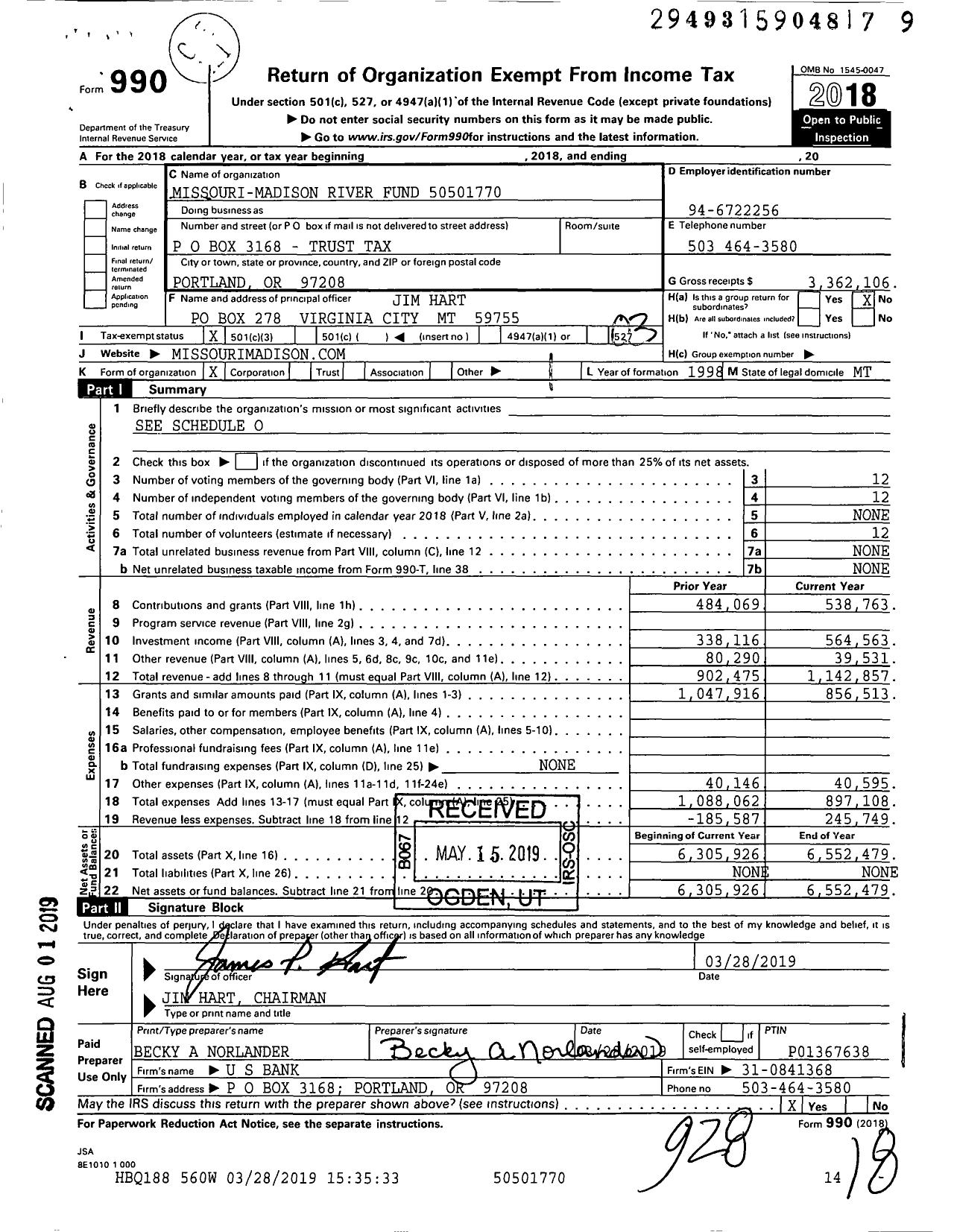Image of first page of 2018 Form 990 for Missouri-Madison River Trust