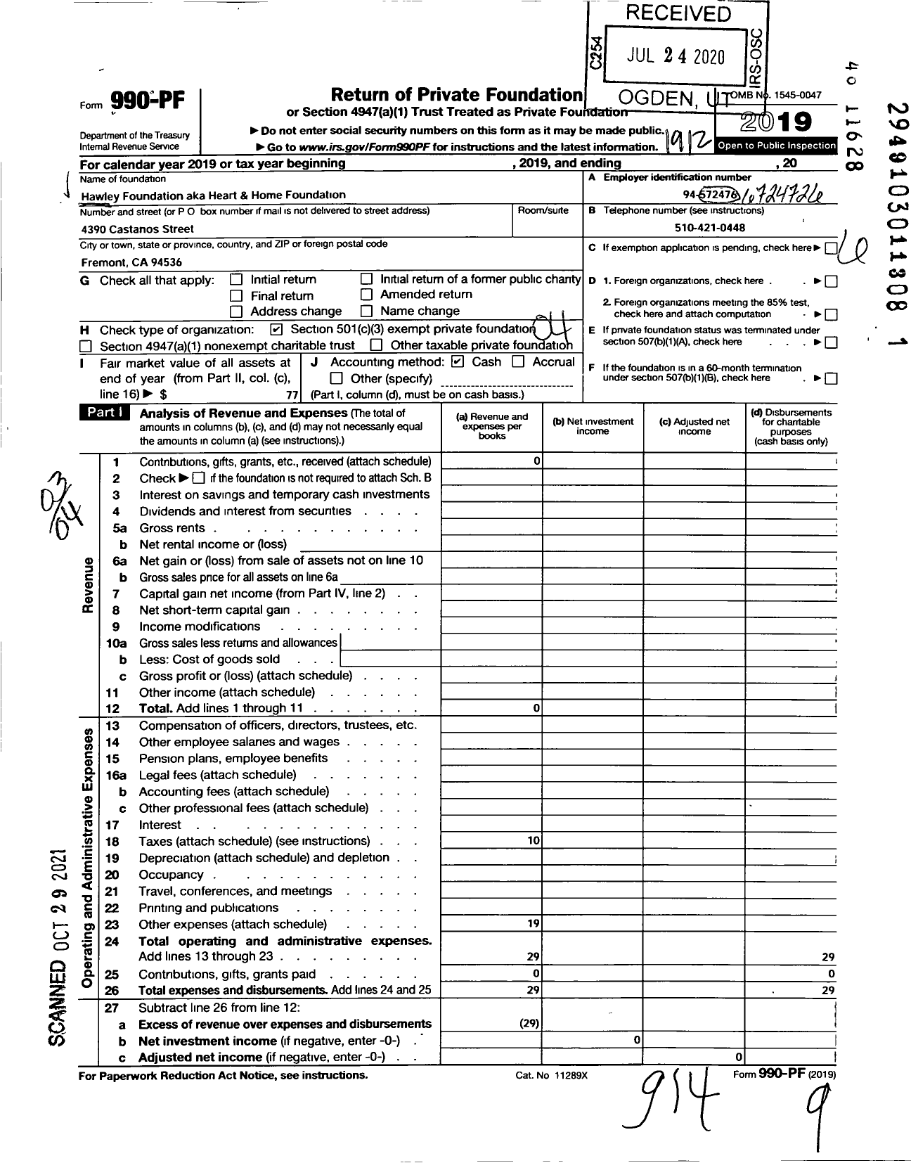 Image of first page of 2019 Form 990PF for Heart and Home Foundation