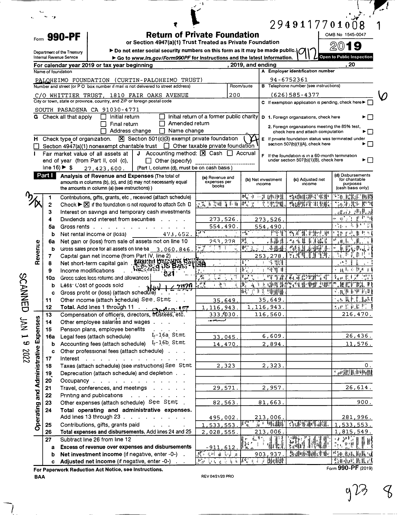 Image of first page of 2019 Form 990PF for Paloheimo Foundation