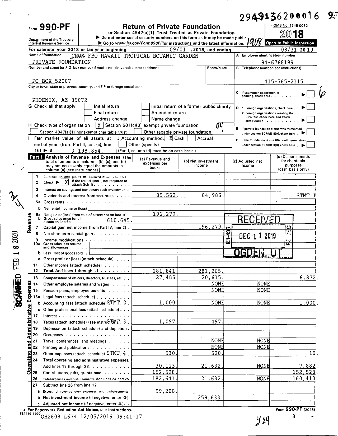 Image of first page of 2018 Form 990PF for Crum Fbo Hawaii Tropical Botanic Garden