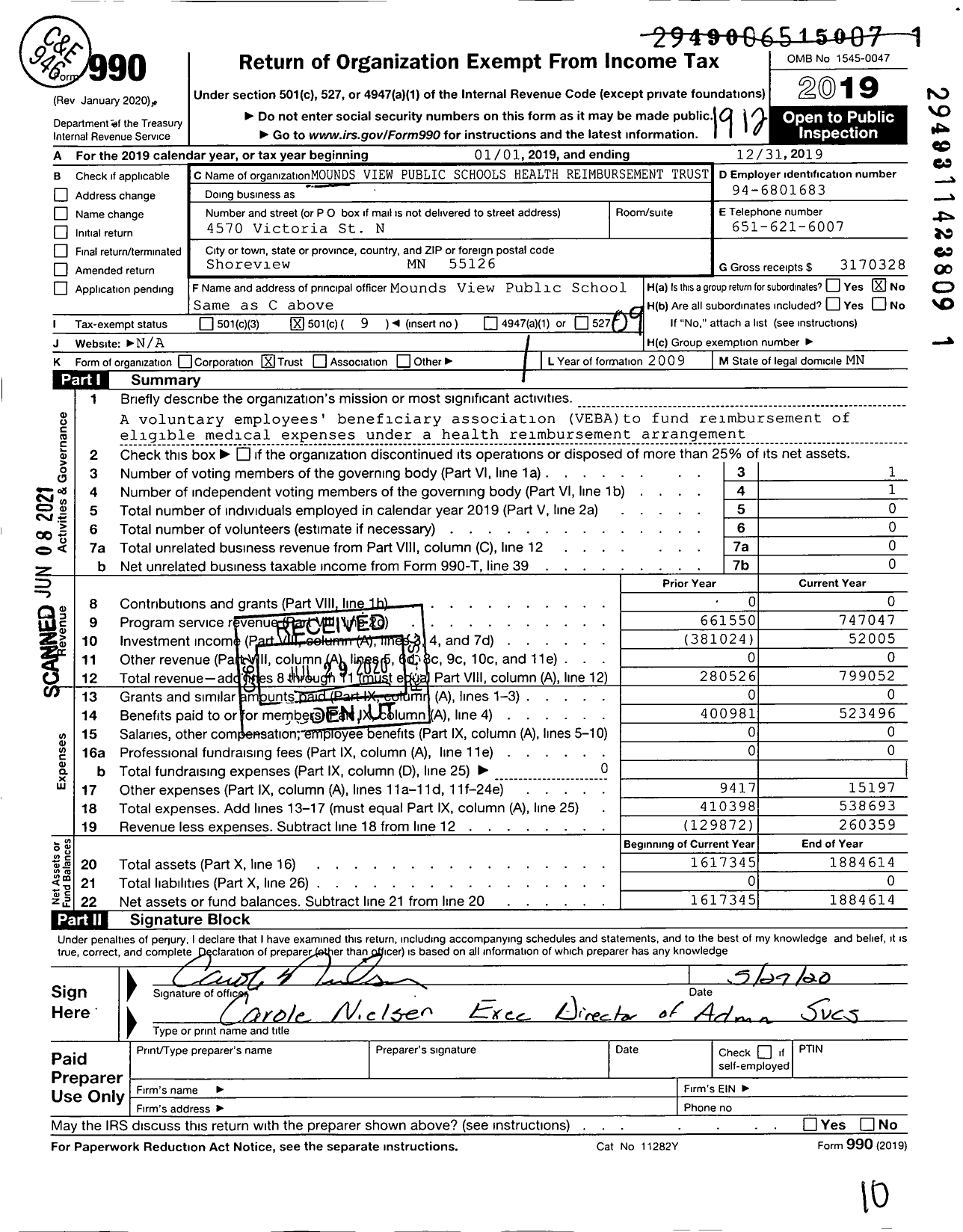 Image of first page of 2019 Form 990O for Mounds View Public Schools Health Reimbursement Trust