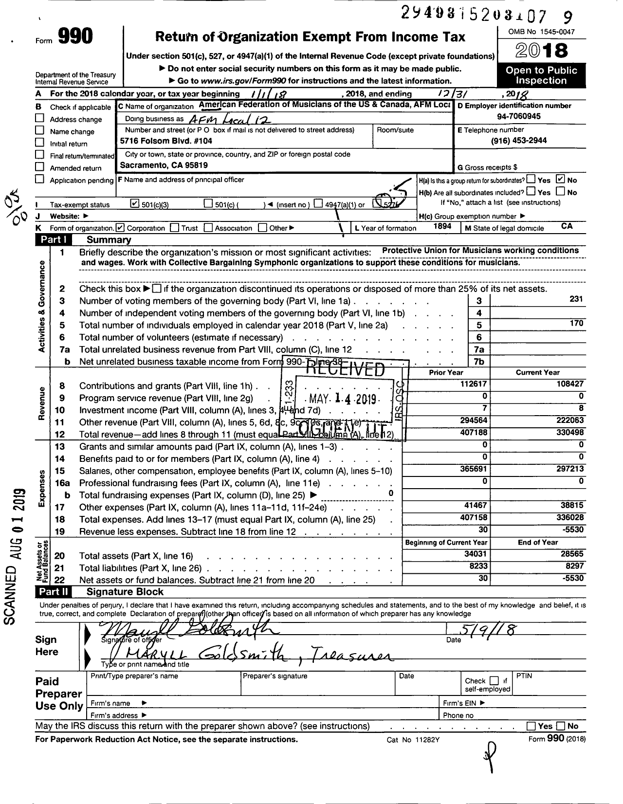 Image of first page of 2018 Form 990O for American Federation of Musicians - 12 Local Sacramento