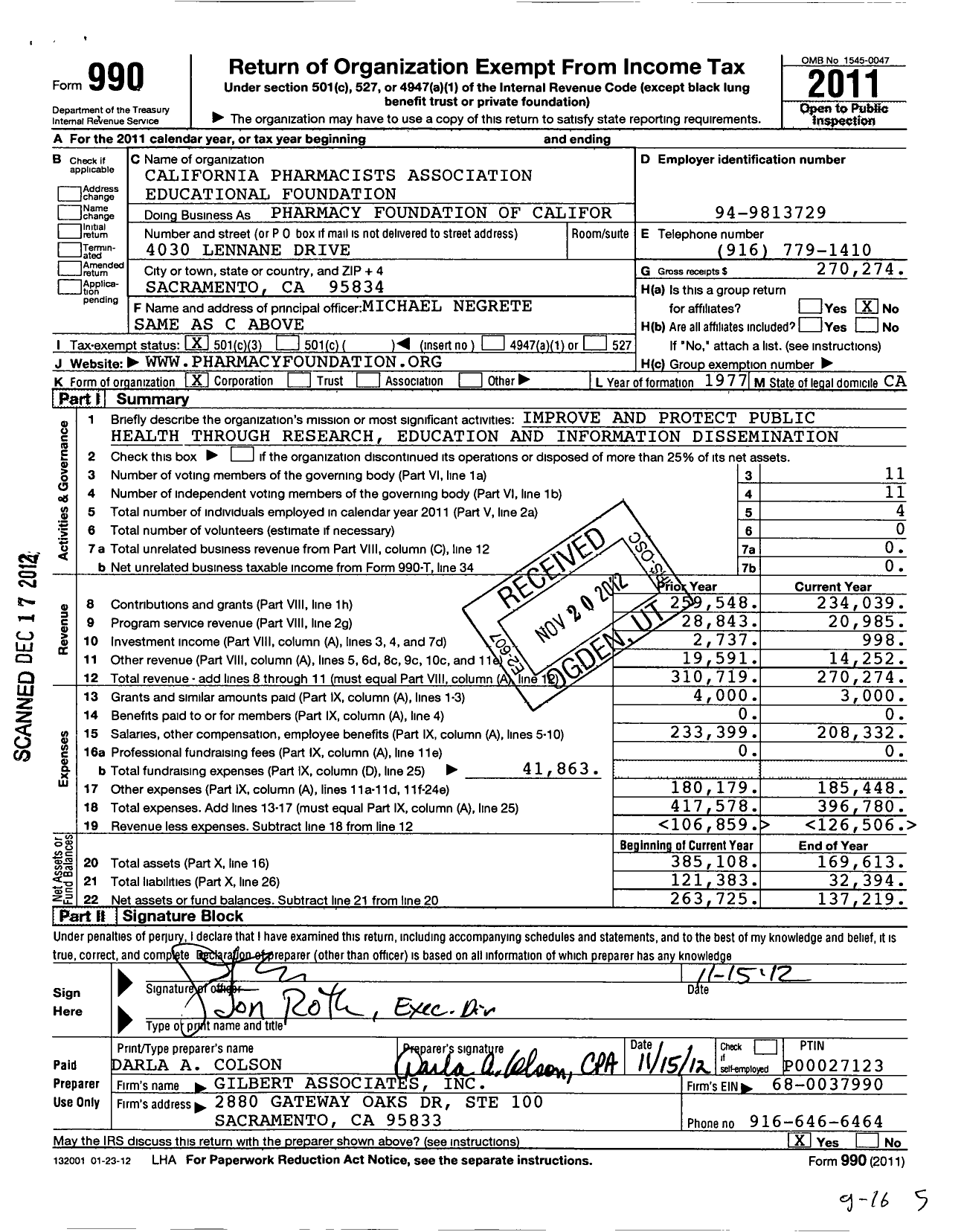 Image of first page of 2011 Form 990 for California Pharmacists Association Educational Foundation