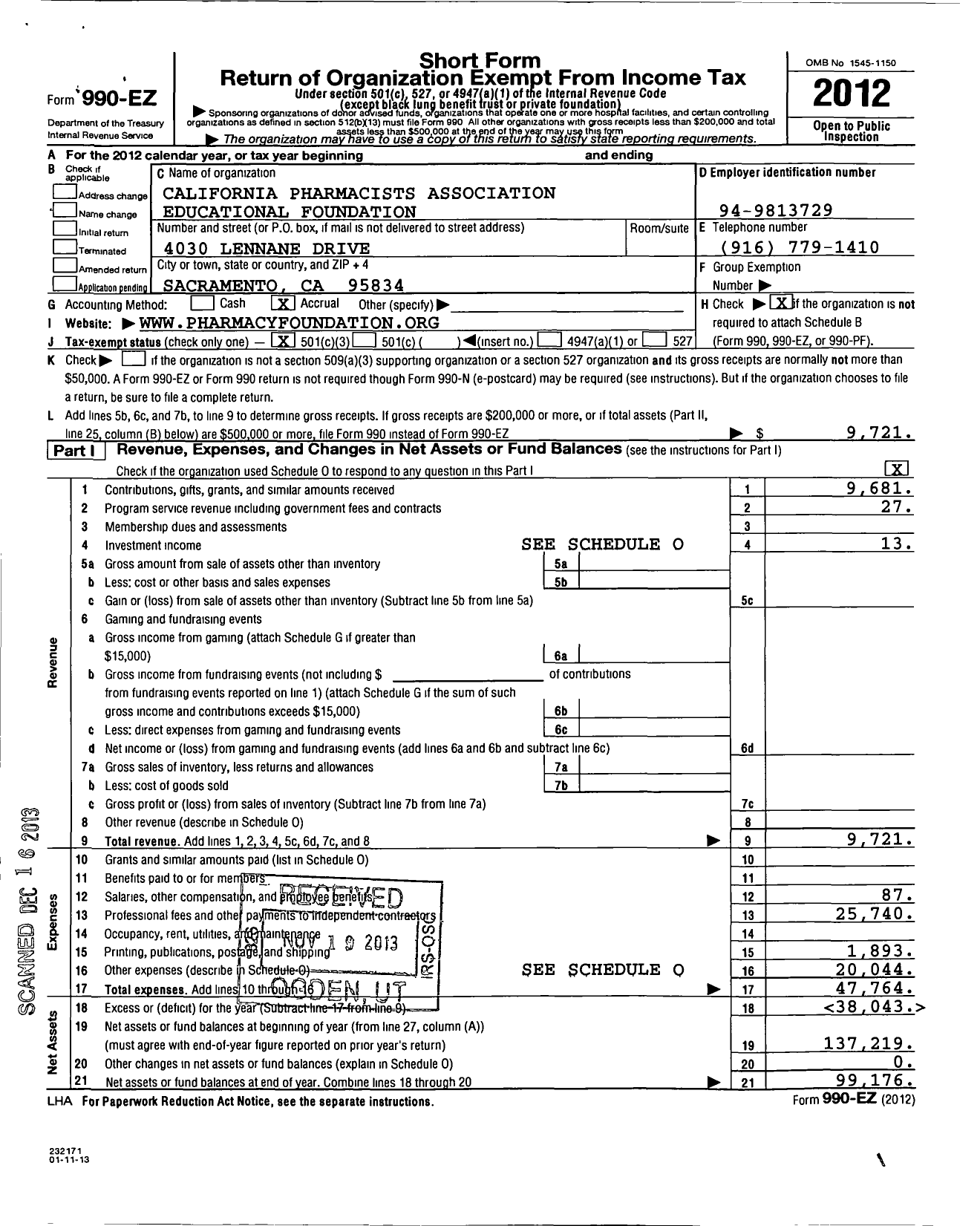 Image of first page of 2012 Form 990EZ for California Pharmacists Association Educational Foundation