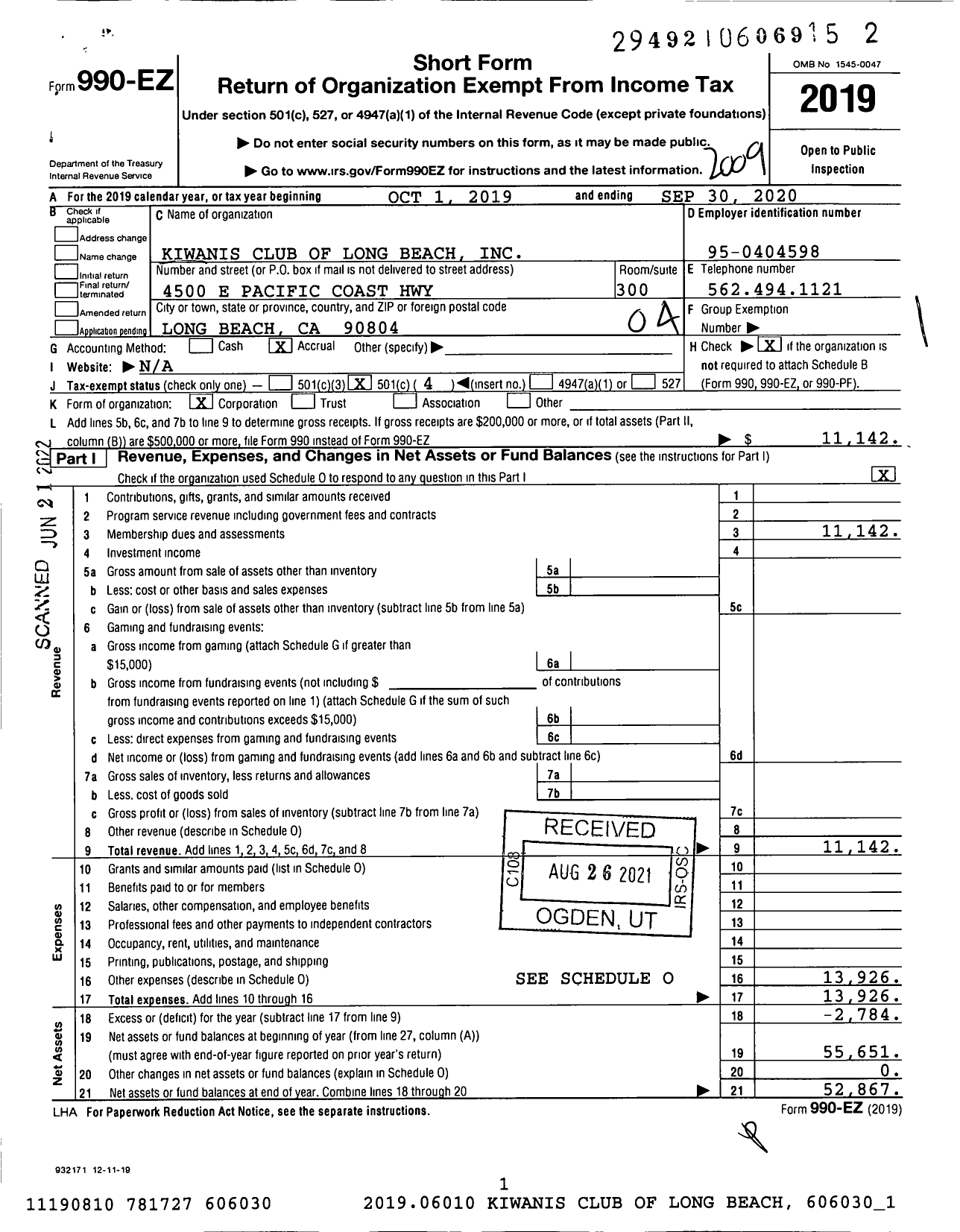 Image of first page of 2019 Form 990EO for Kiwanis International - K00160 Long Beach