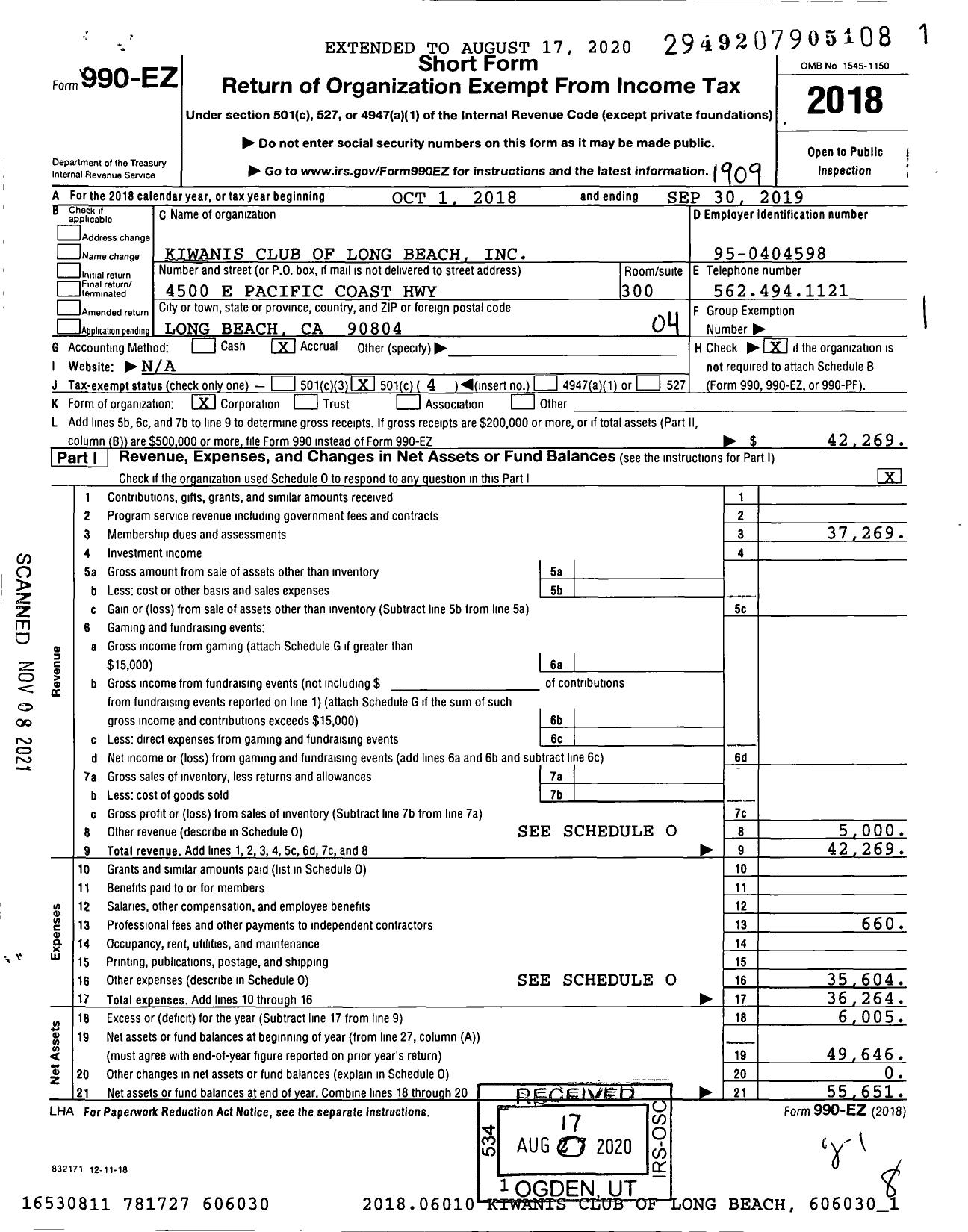 Image of first page of 2018 Form 990EO for Kiwanis International - K00160 Long Beach