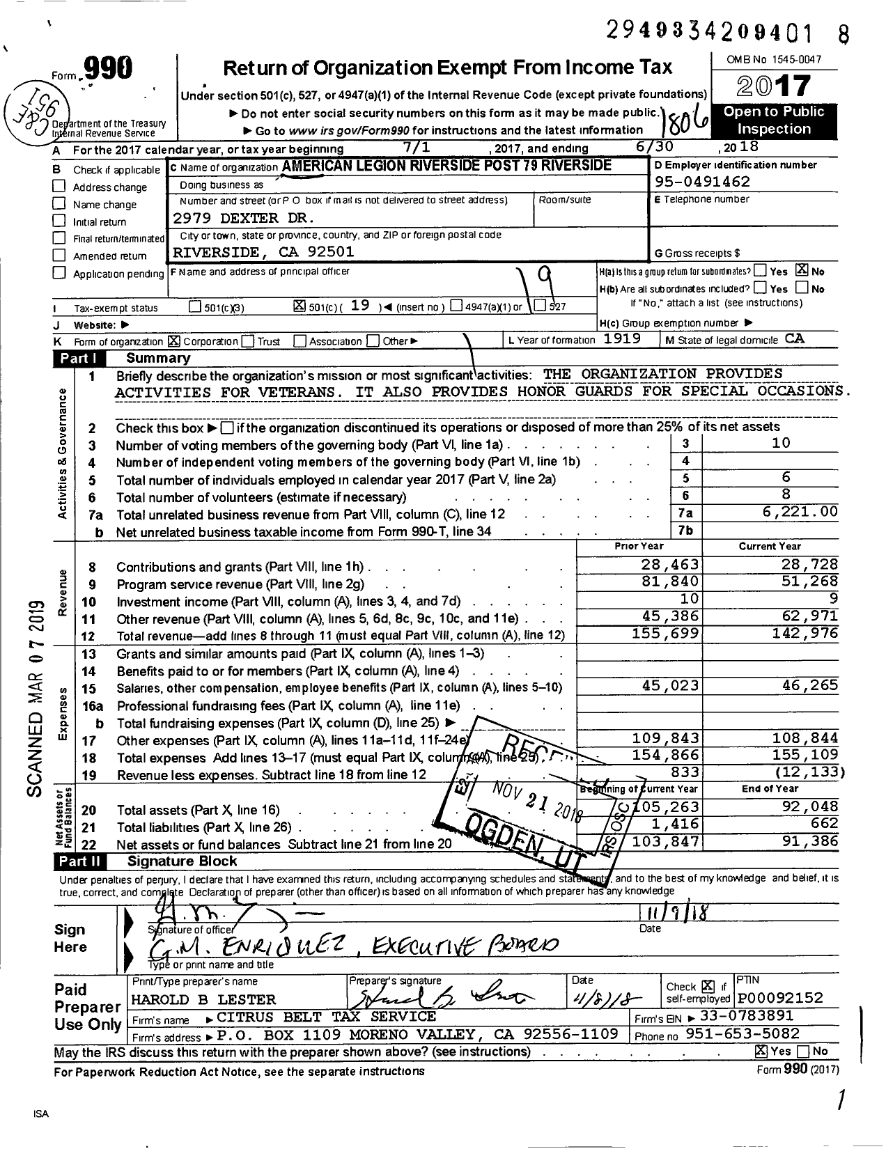 Image of first page of 2017 Form 990O for American Legion - 79 Riverside Ca Post