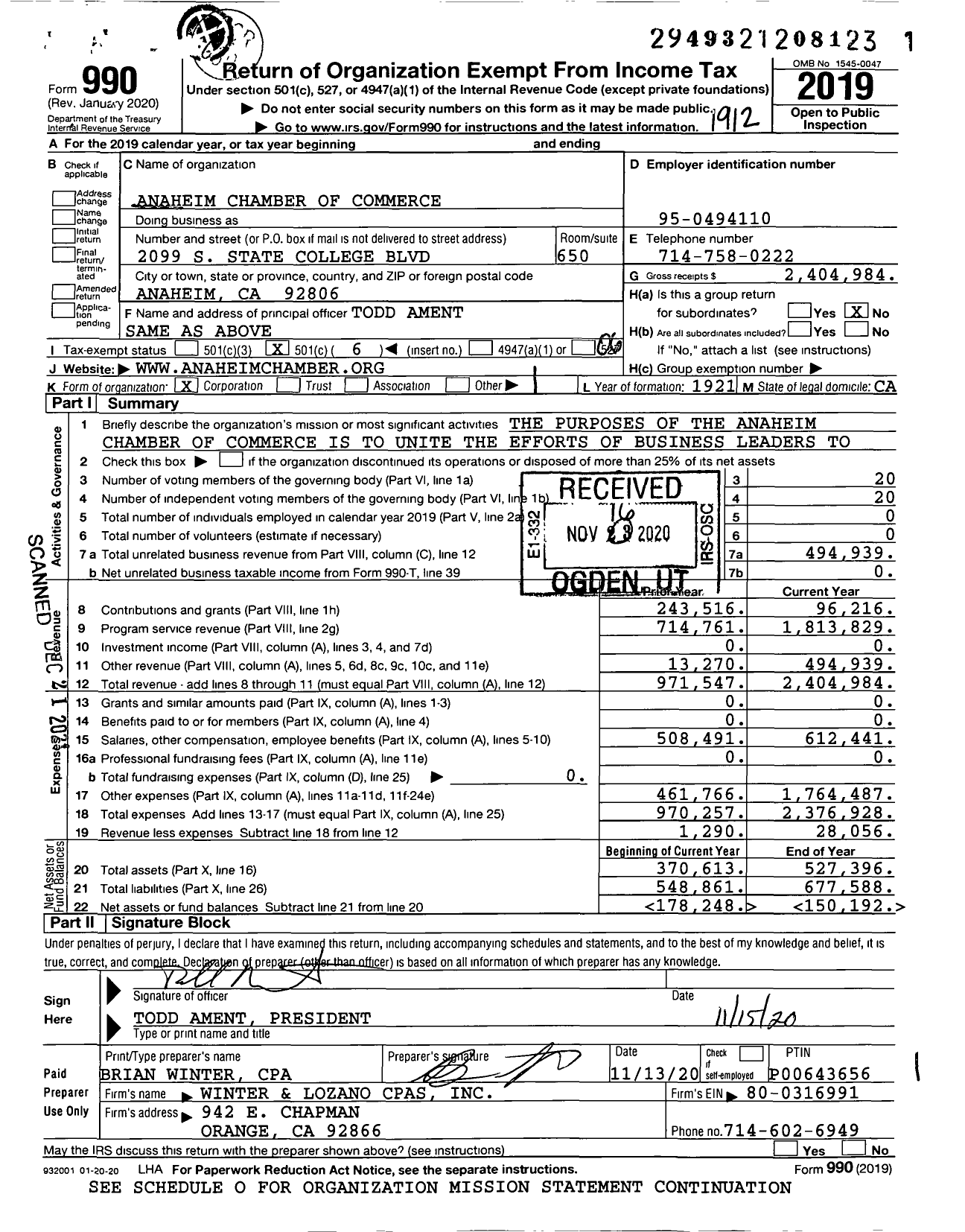 Image of first page of 2019 Form 990O for Anaheim Chamber of Commerce