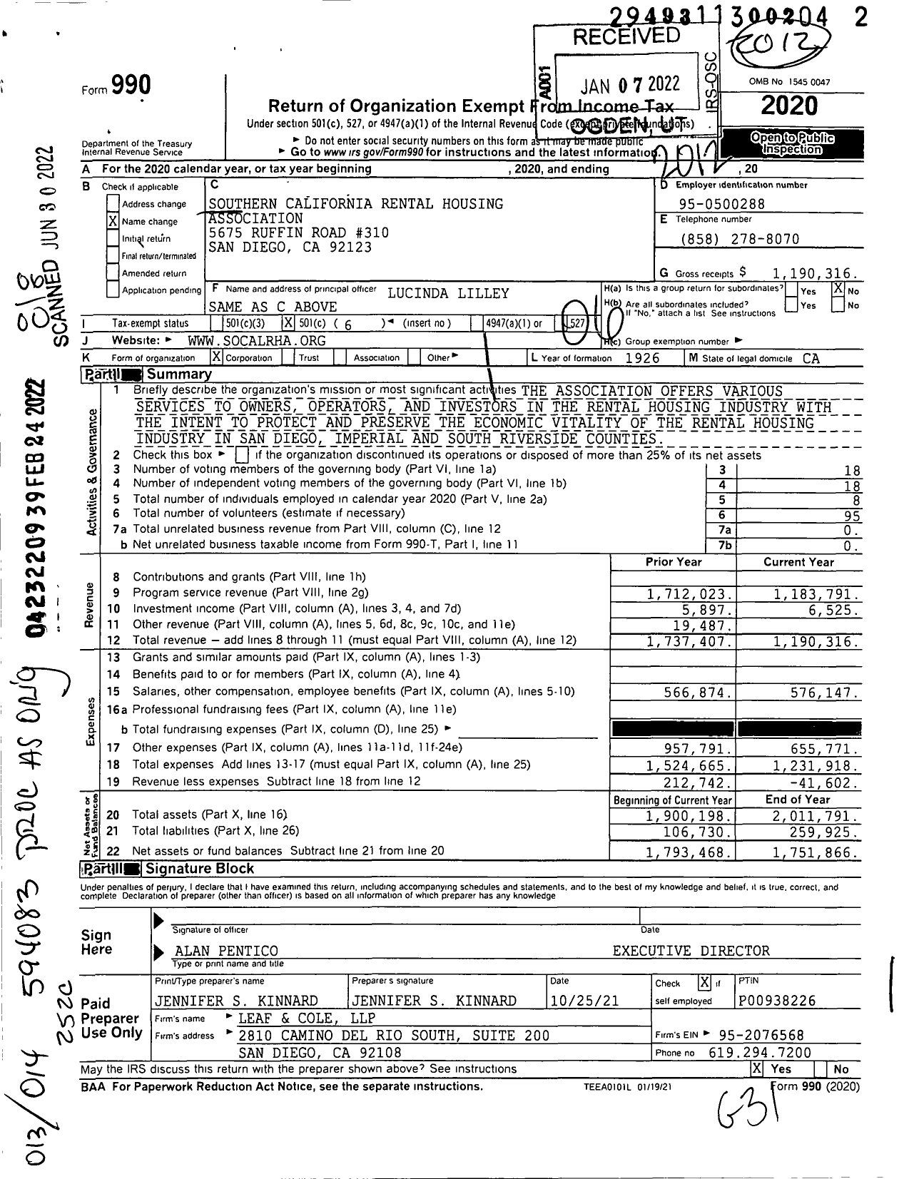 Image of first page of 2020 Form 990O for Southern California Rental Housing Association (SDCAA)