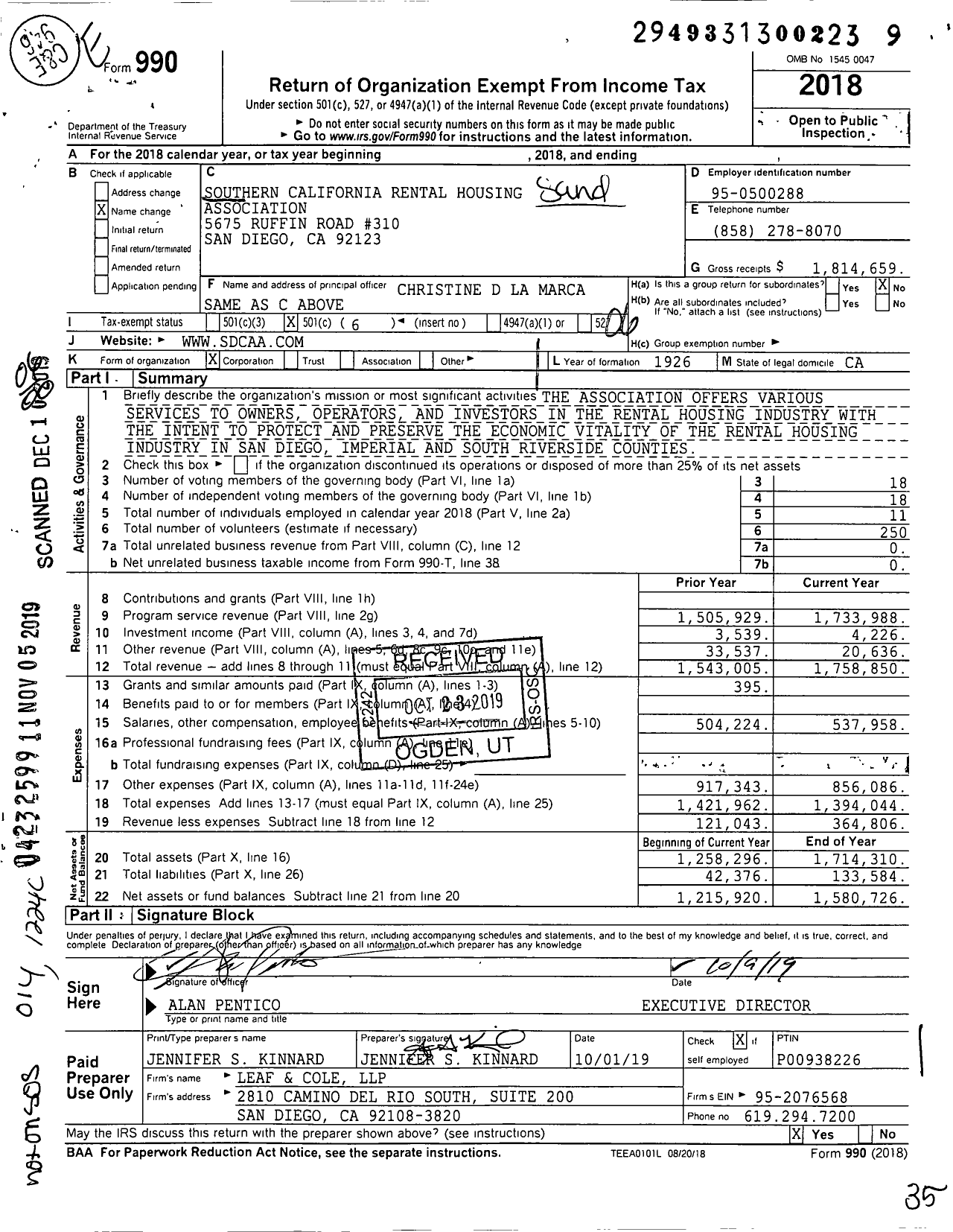 Image of first page of 2018 Form 990O for Southern California Rental Housing Association (SDCAA)