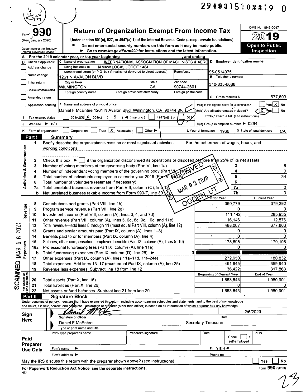 Image of first page of 2019 Form 990O for International Association of Machinists and Aerospace Workers - Iamaw Local Lodge 1484