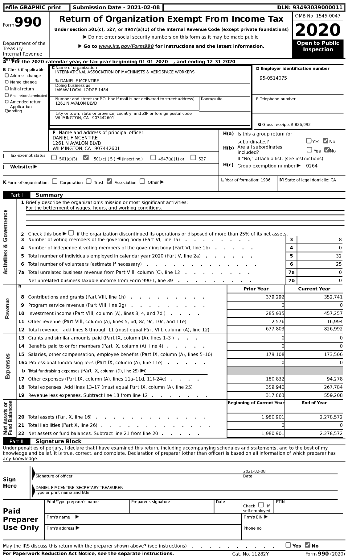 Image of first page of 2020 Form 990 for International Association of Machinists and Aerospace Workers - Iamaw Local Lodge 1484