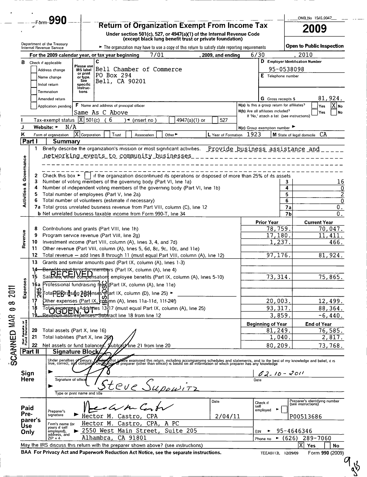 Image of first page of 2009 Form 990O for Bell Chamber of Commerce