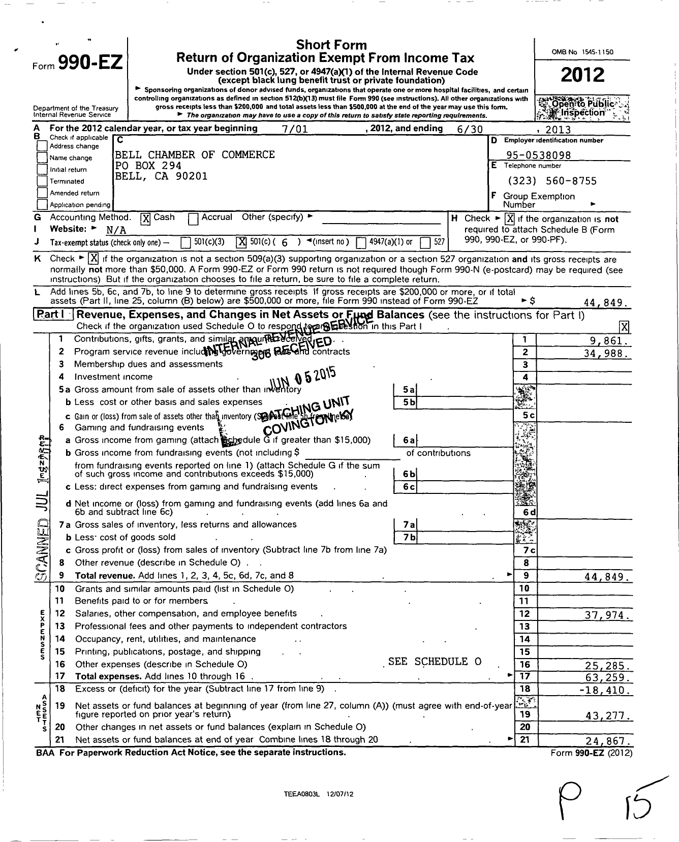 Image of first page of 2012 Form 990EO for Bell Chamber of Commerce