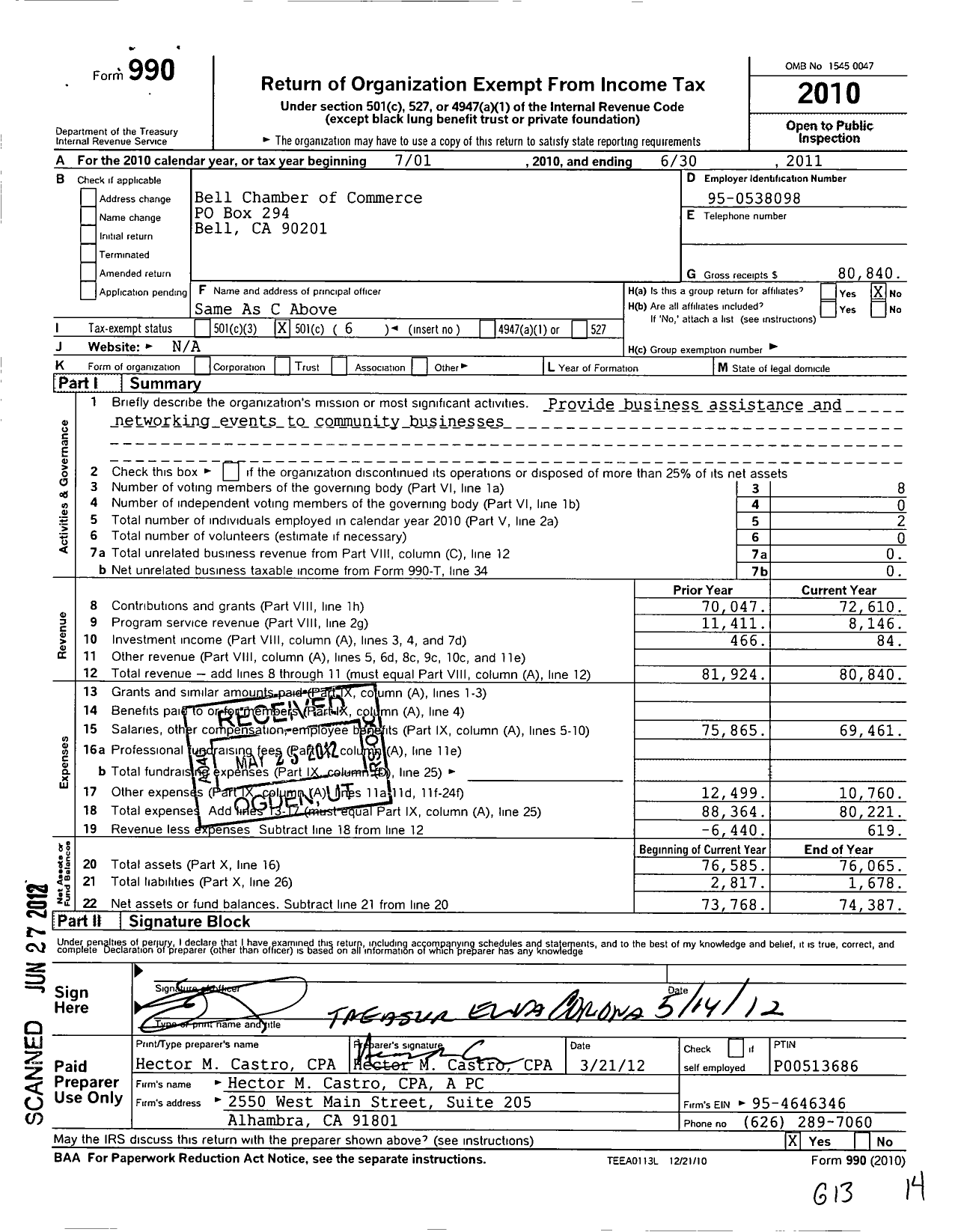 Image of first page of 2010 Form 990O for Bell Chamber of Commerce