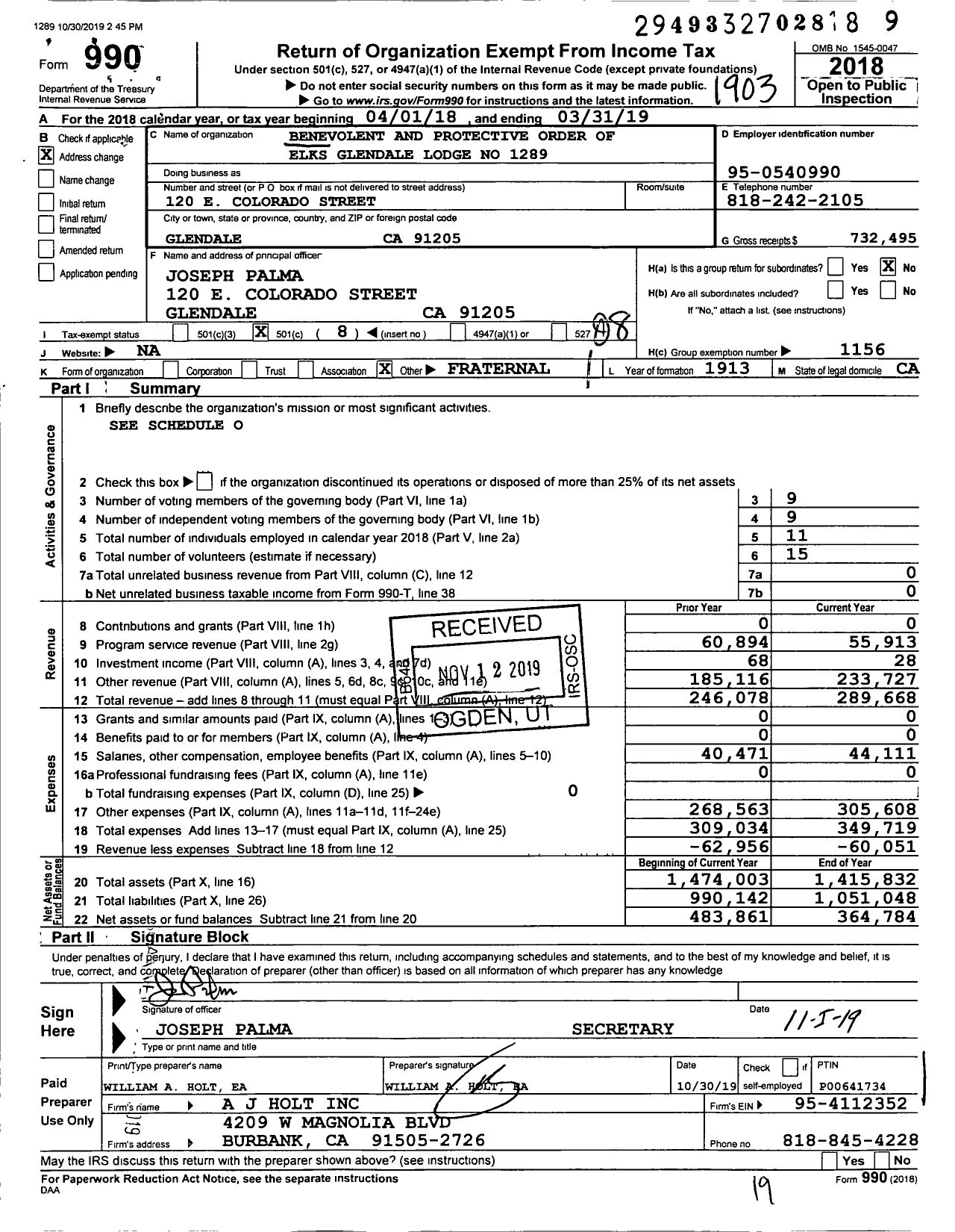 Image of first page of 2018 Form 990O for Benevolent and Protective Order of Elks - 1289 Glendale