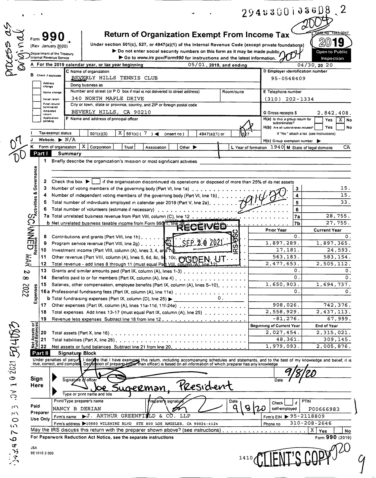 Image of first page of 2019 Form 990O for Beverly Hills Tennis Club