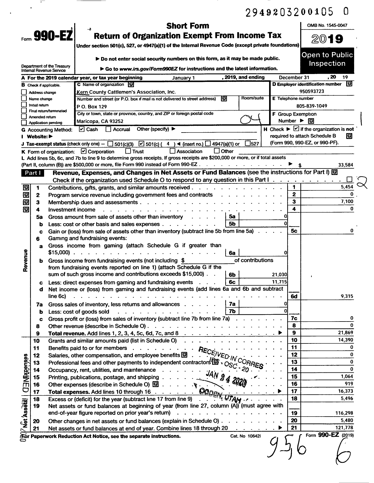 Image of first page of 2019 Form 990EO for Kern County Cattlemens Association