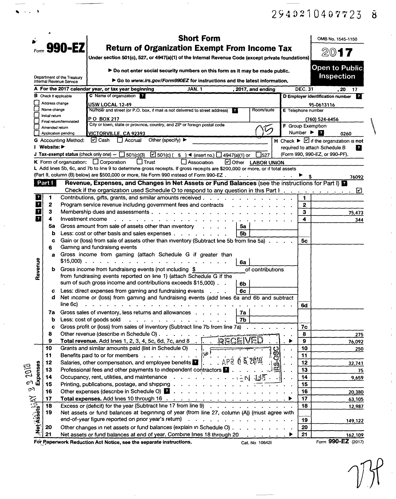 Image of first page of 2017 Form 990EO for United Steelworkers - 12-00049 Local