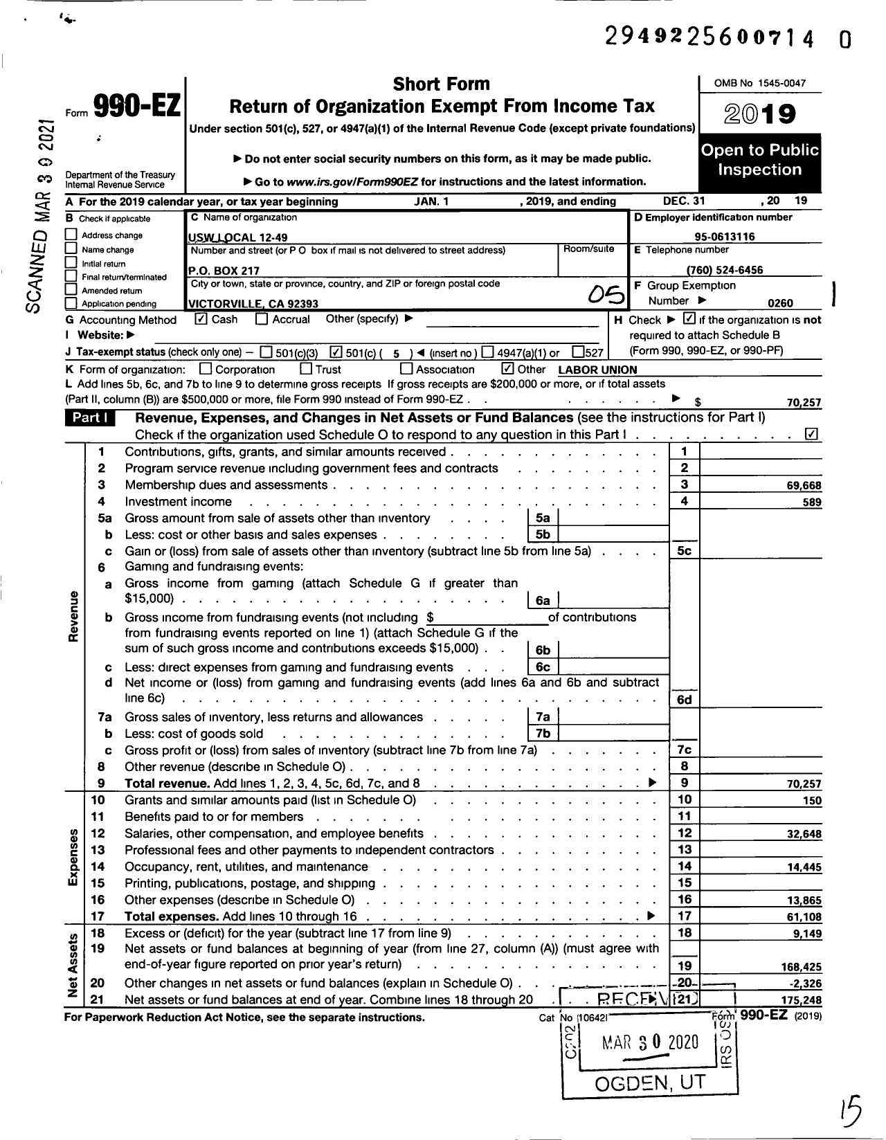Image of first page of 2019 Form 990EO for United Steelworkers - 12-00049 Local