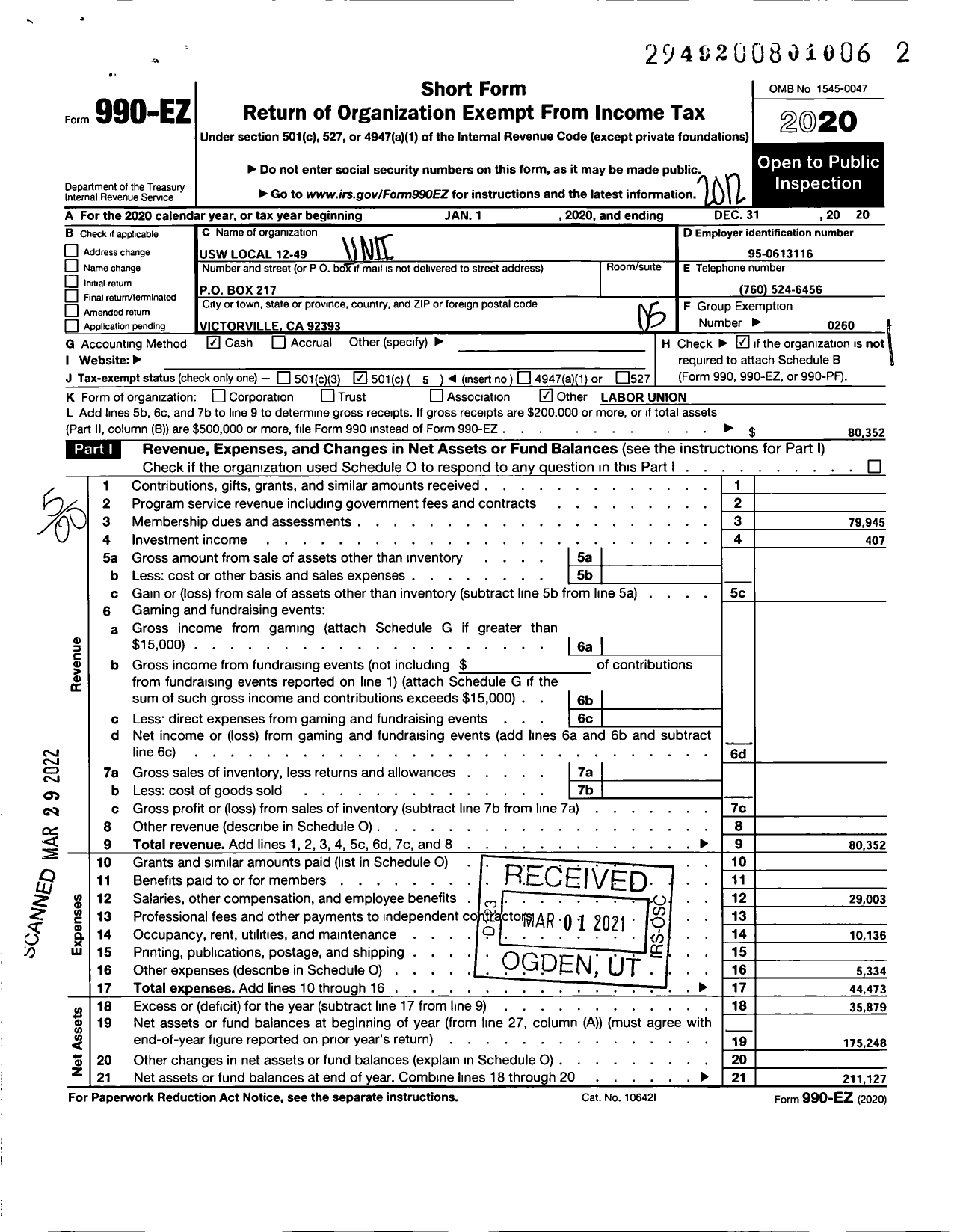 Image of first page of 2020 Form 990EO for United Steelworkers - 12-00049 Local