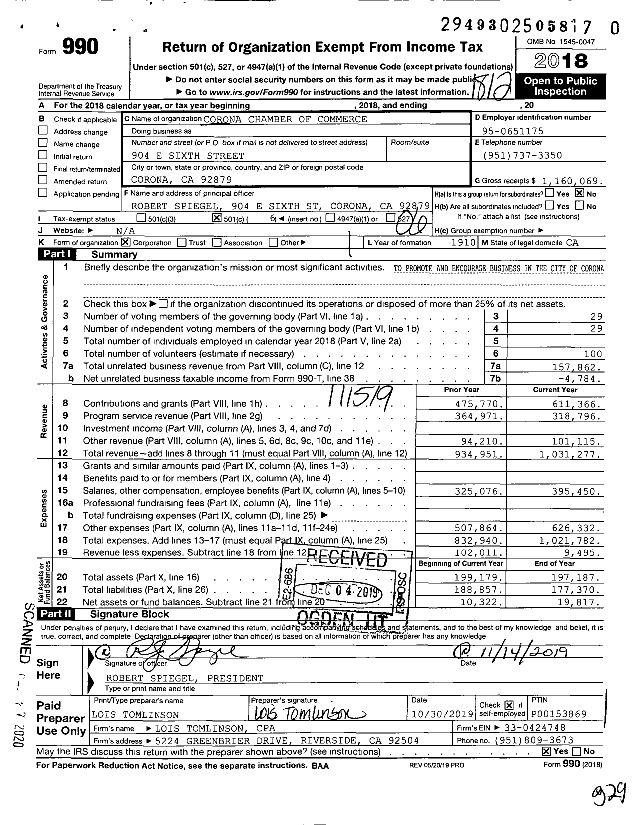 Image of first page of 2018 Form 990O for Corona Chamber of Commerce