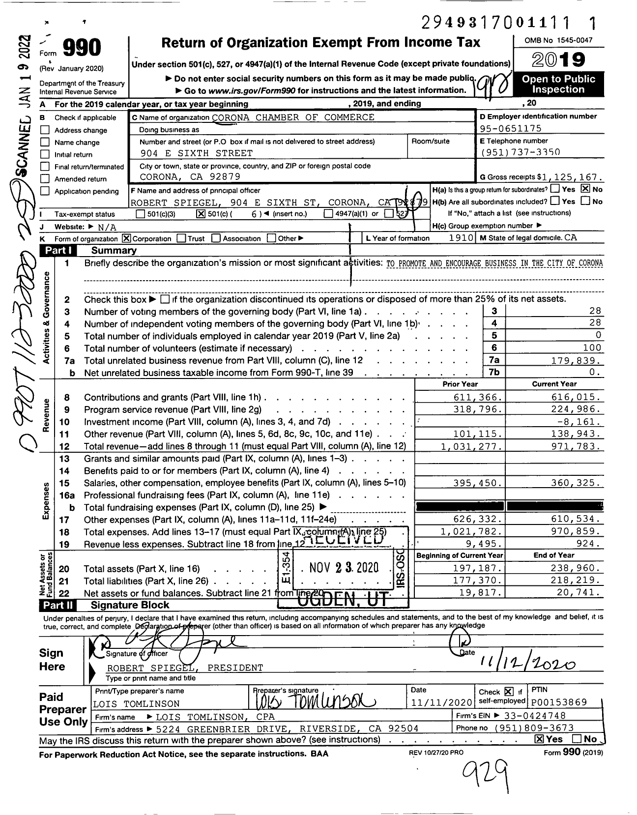 Image of first page of 2019 Form 990O for Corona Chamber of Commerce