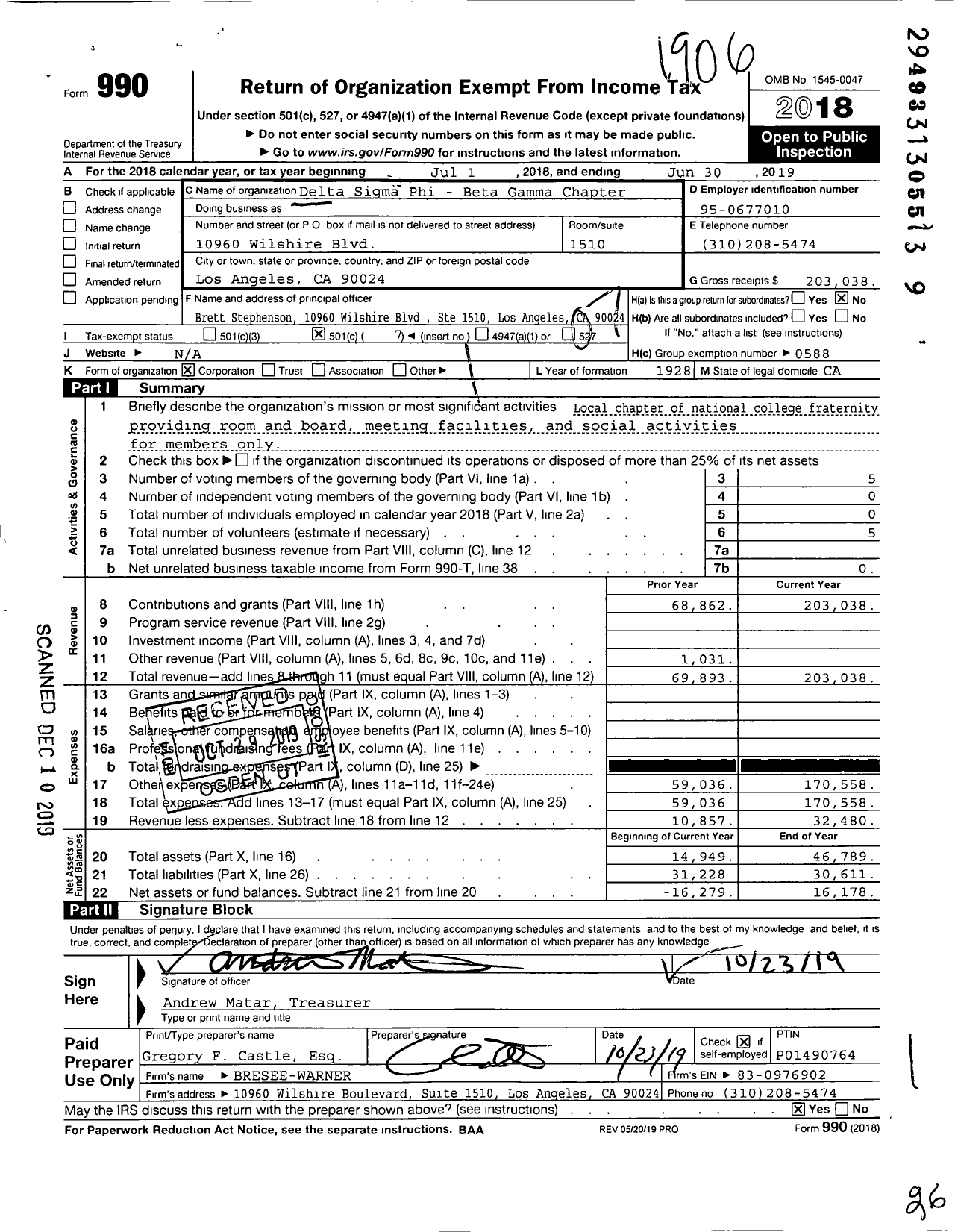 Image of first page of 2018 Form 990O for Delta Sigma Phi - Beta Gamma Chapter