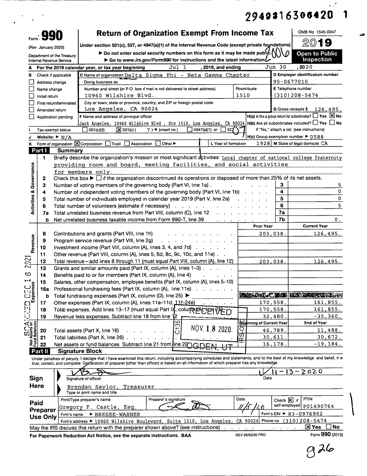 Image of first page of 2019 Form 990O for Delta Sigma Phi - Beta Gamma Chapter