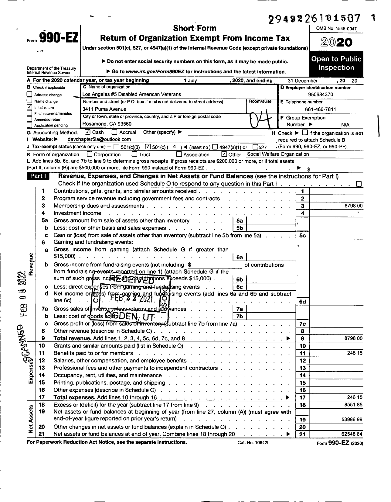 Image of first page of 2020 Form 990EO for Los Angeles 5 Disabled American Veterans