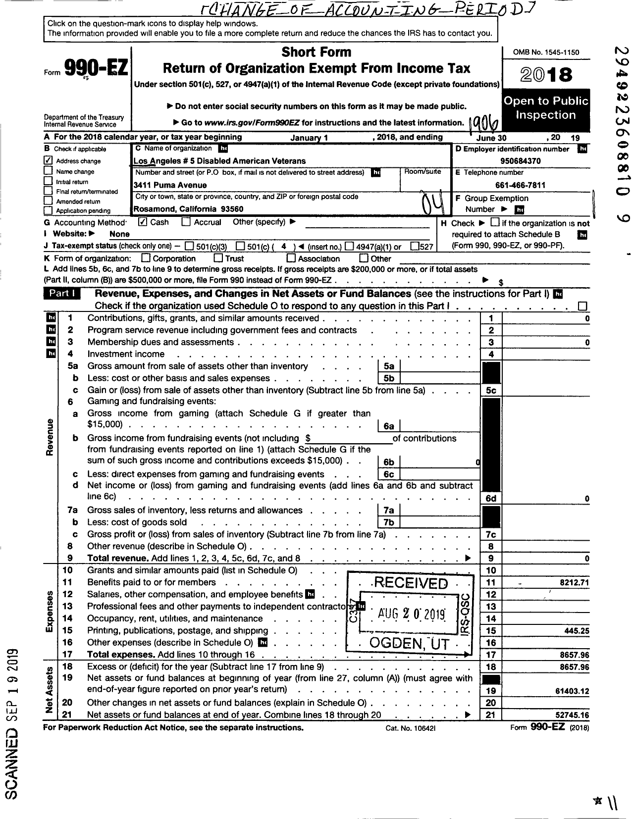 Image of first page of 2018 Form 990EO for Los Angeles 5 Disabled American Veterans
