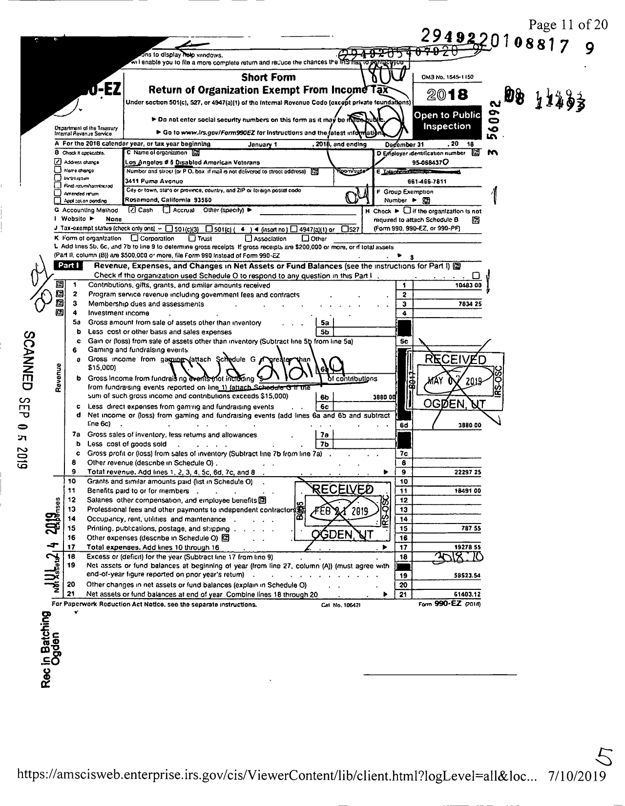 Image of first page of 2017 Form 990EO for Los Angeles 5 Disabled American Veterans