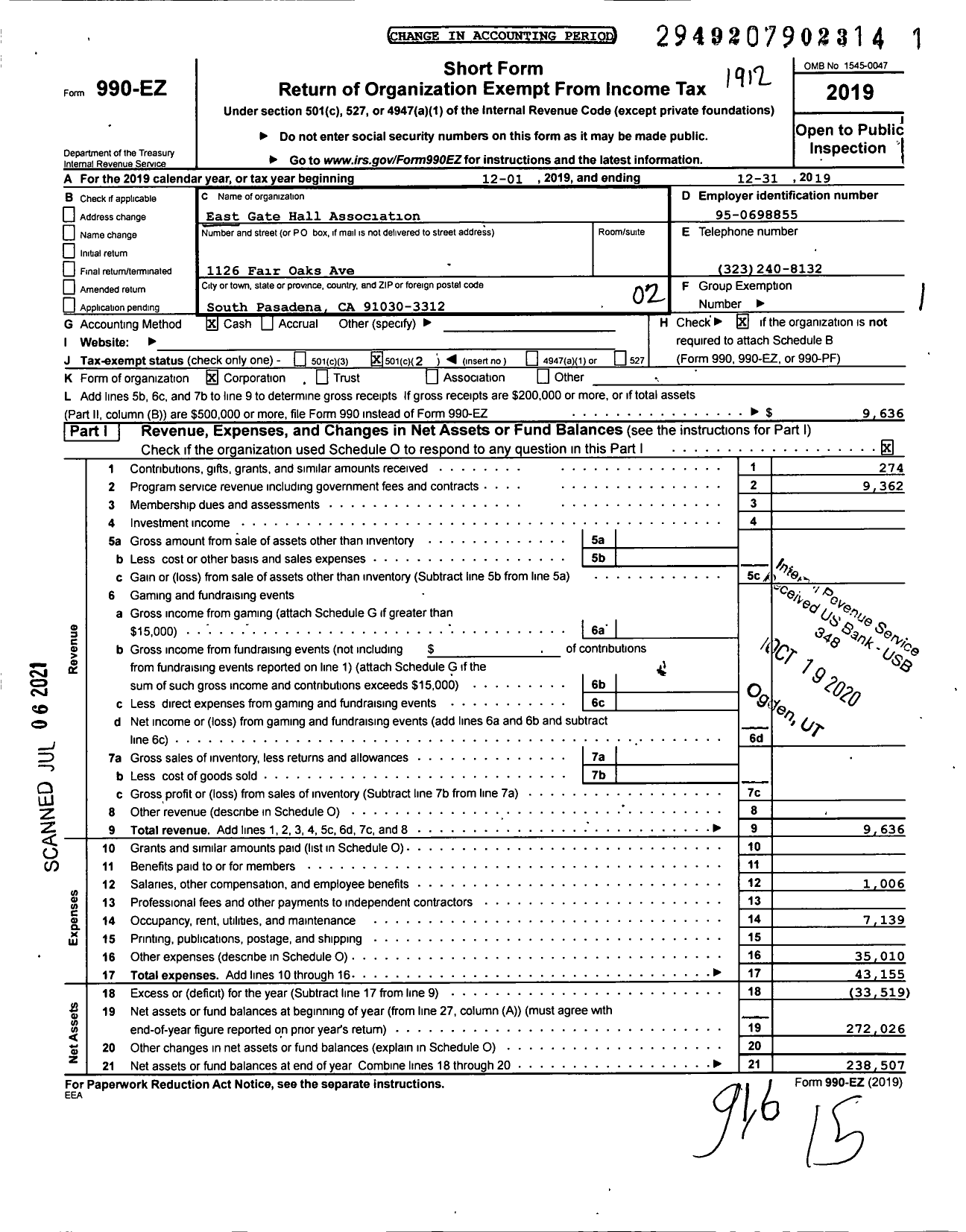 Image of first page of 2019 Form 990EO for East Gate Hall Association