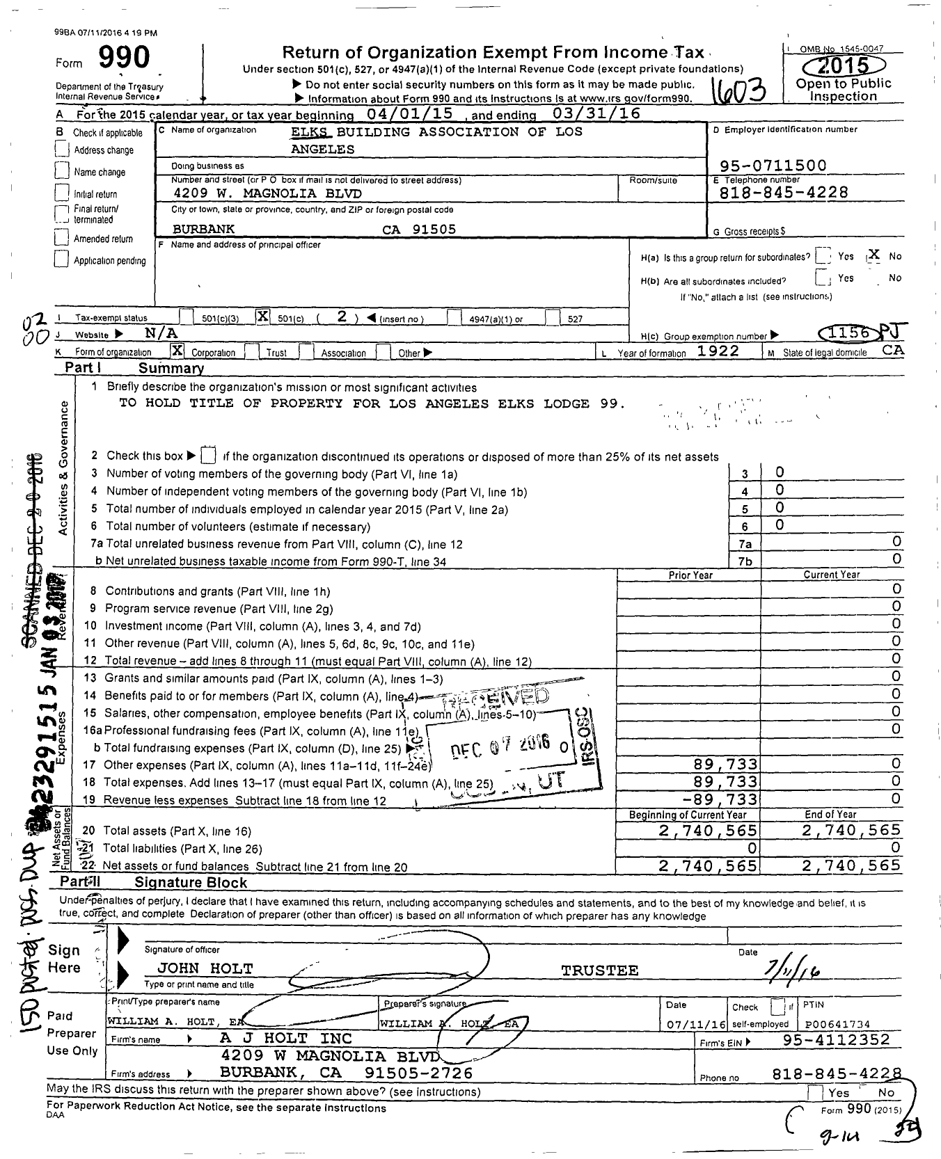 Image of first page of 2015 Form 990O for Elks Building Association of Los Angeles