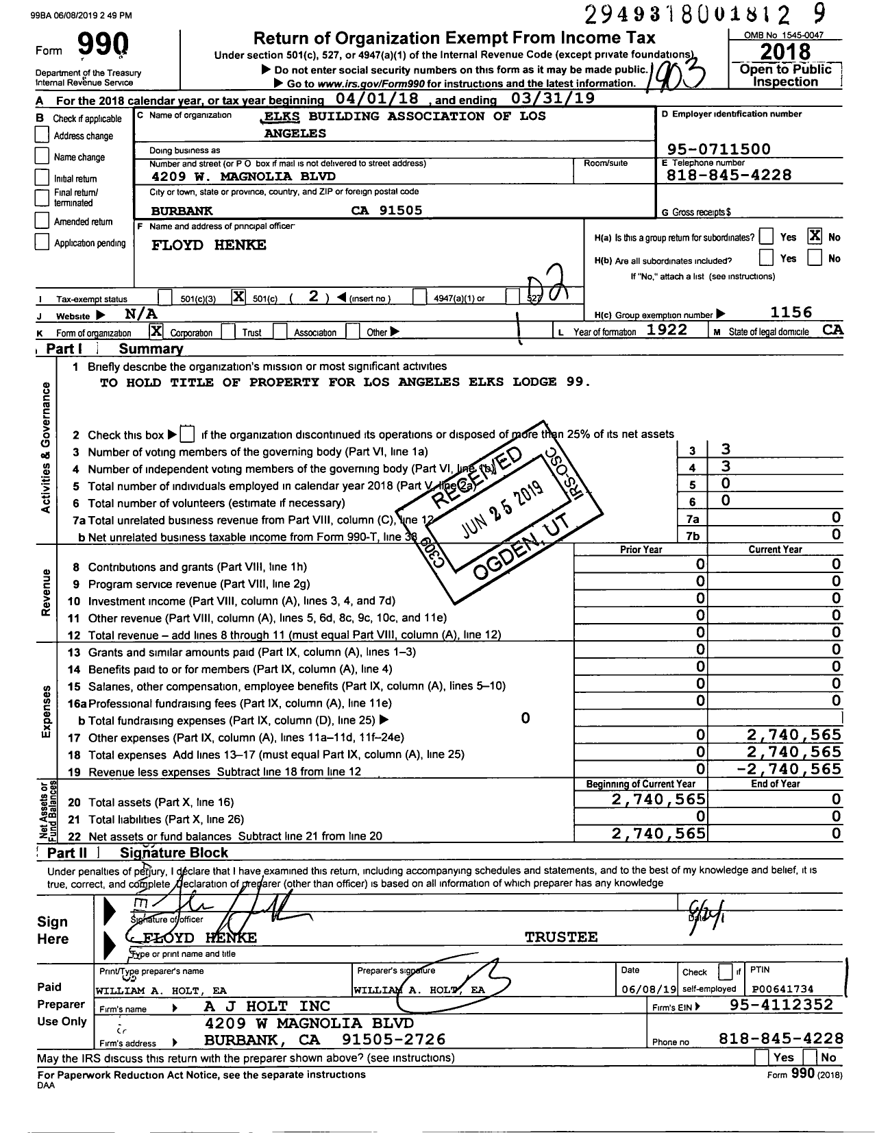 Image of first page of 2018 Form 990O for Elks Building Association of Los Angeles