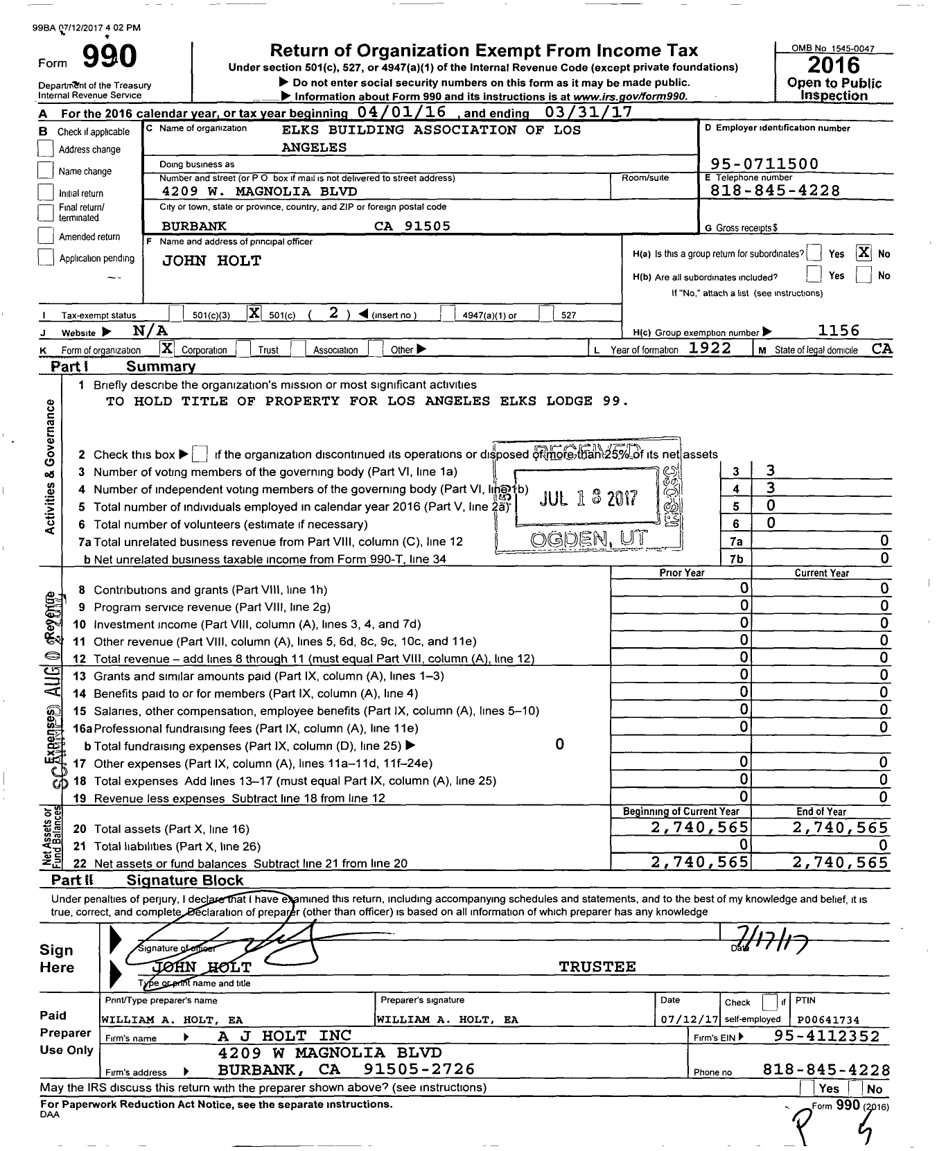 Image of first page of 2016 Form 990O for Elks Building Association of Los Angeles