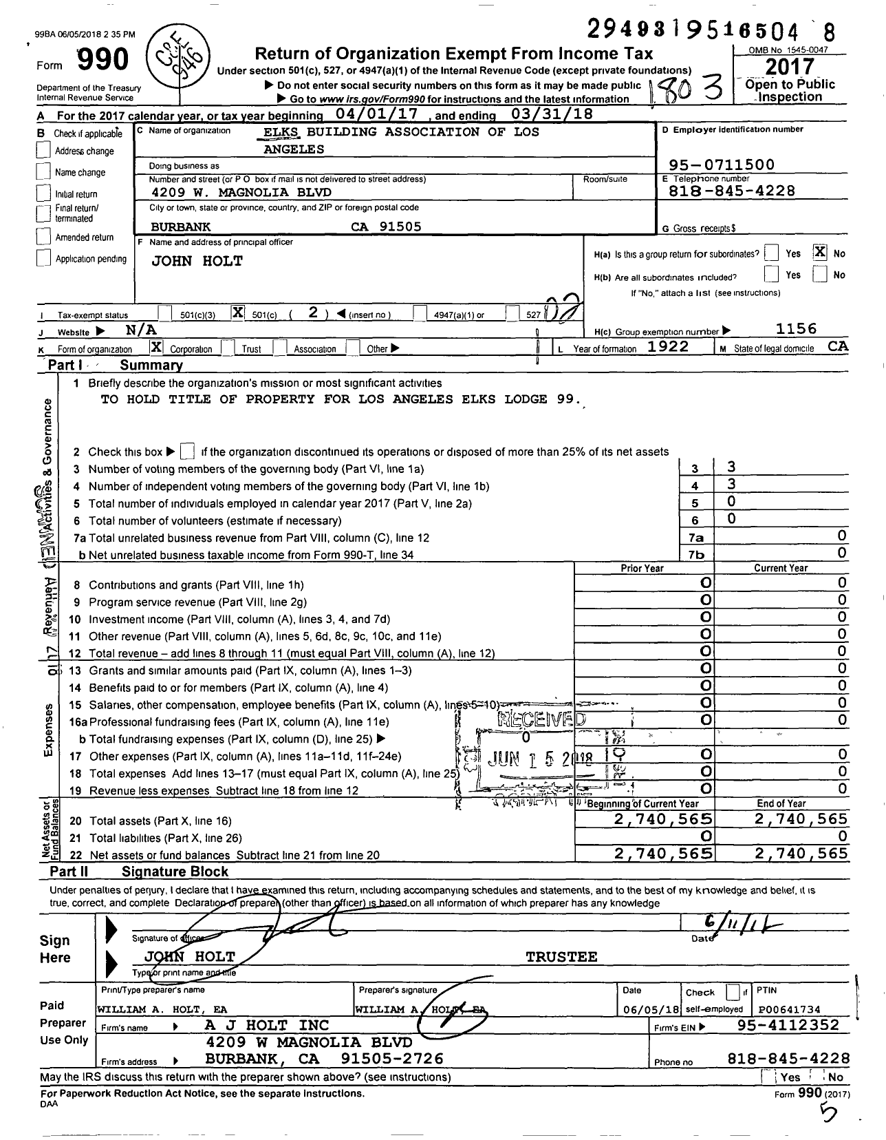 Image of first page of 2017 Form 990O for Elks Building Association of Los Angeles