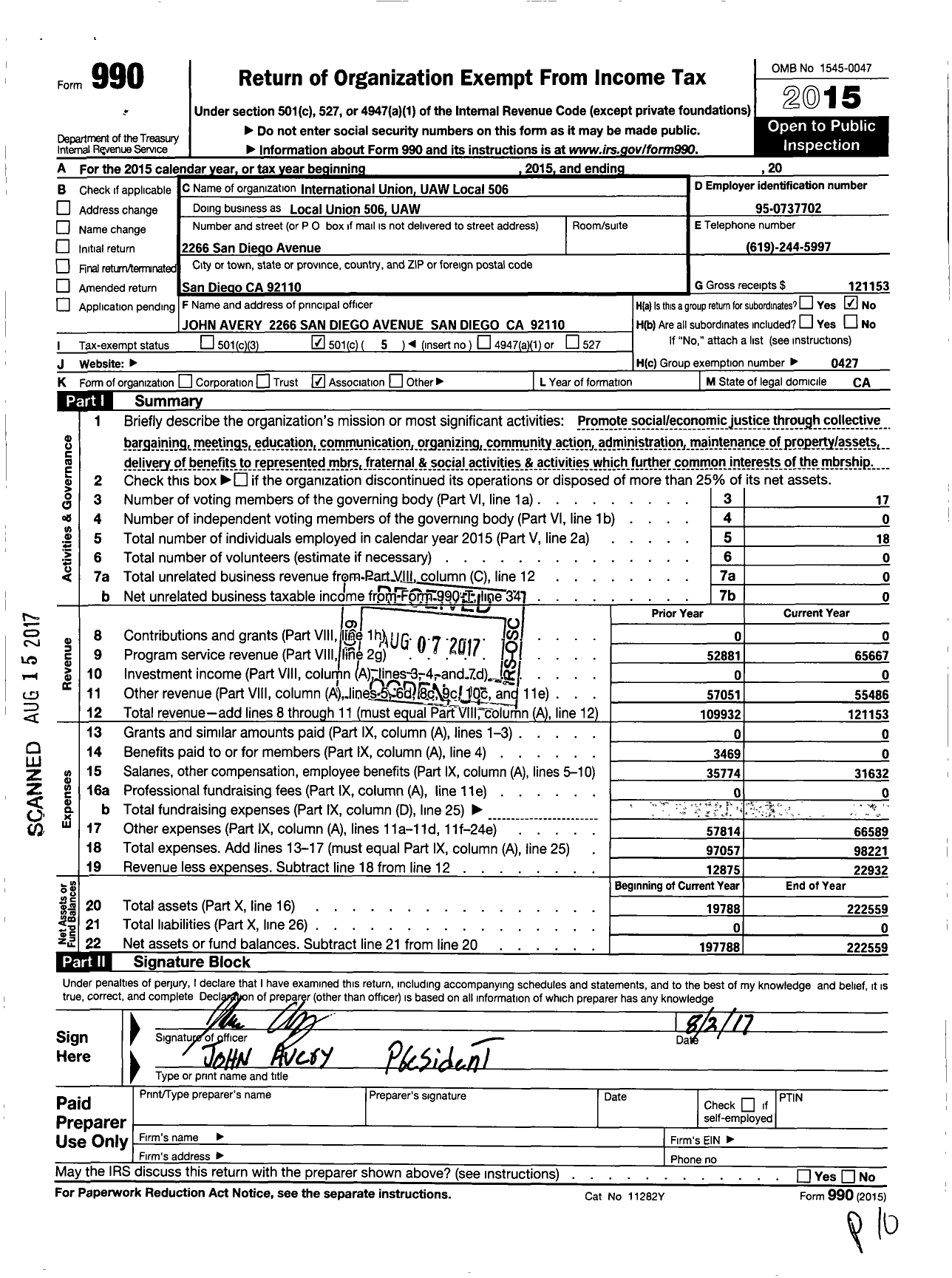 Image of first page of 2015 Form 990O for International Union UAW Local 506