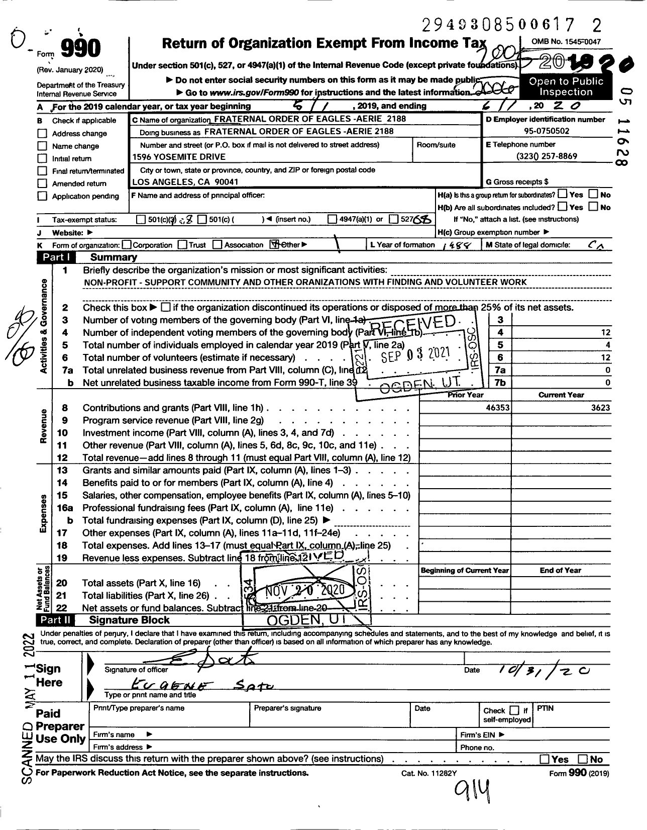 Image of first page of 2019 Form 990O for Fraternal Order of Eagles - 2188 Glendale Eagle Rock Aerie