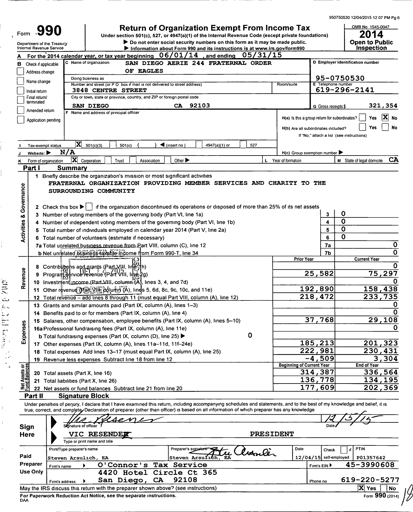 Image of first page of 2014 Form 990 for San Diego Aerie 244 Fraternal Order of Eagles