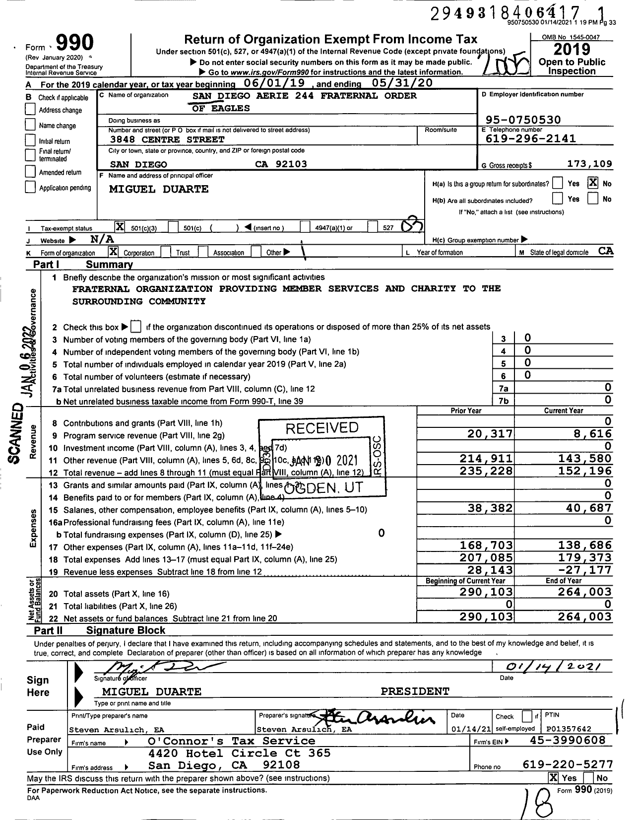 Image of first page of 2019 Form 990 for San Diego Aerie 244 Fraternal Order of Eagles