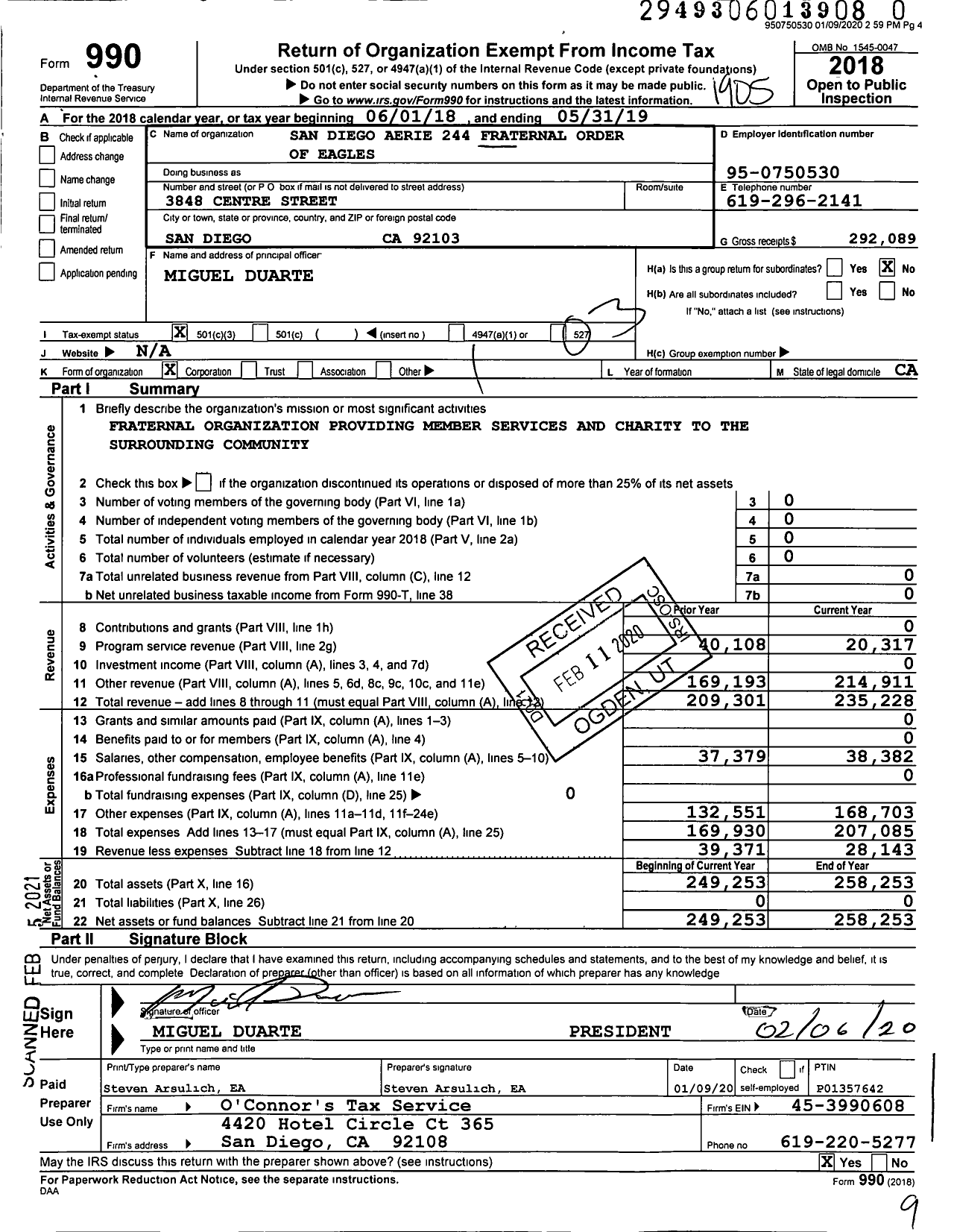 Image of first page of 2018 Form 990 for San Diego Aerie 244 Fraternal Order of Eagles