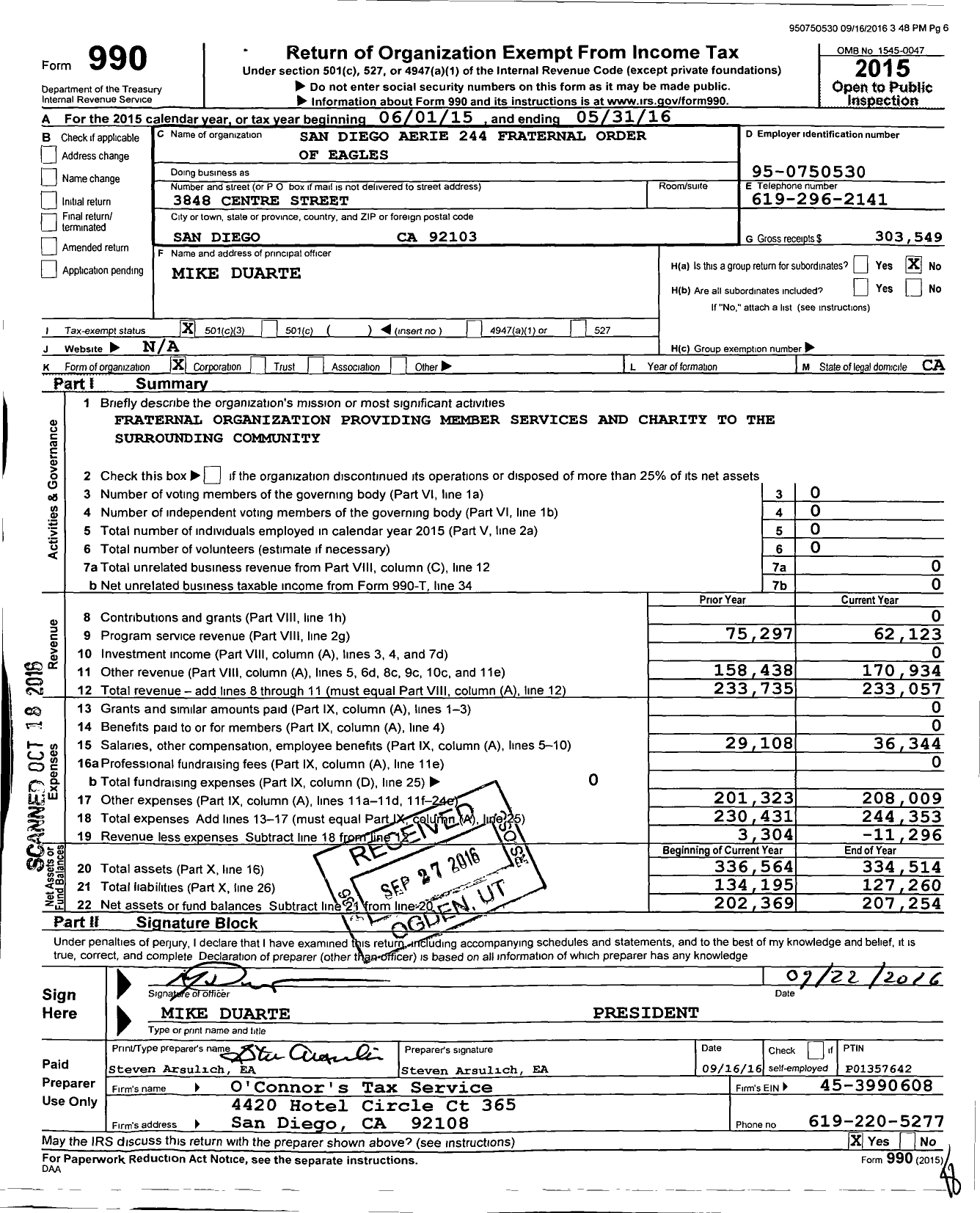 Image of first page of 2015 Form 990 for San Diego Aerie 244 Fraternal Order of Eagles