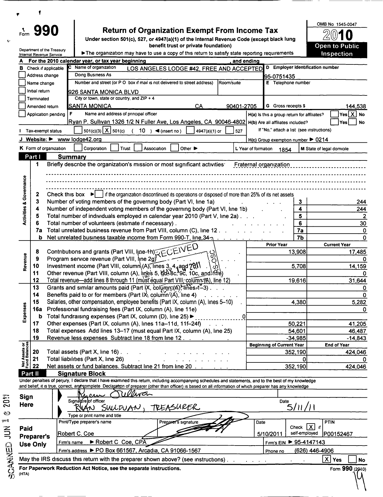 Image of first page of 2010 Form 990O for Masons of California - 42 Los Angeles Lodge