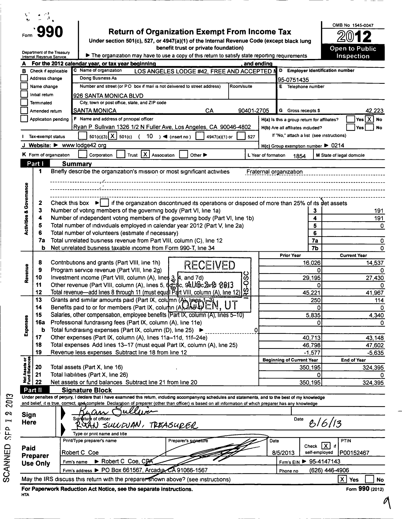 Image of first page of 2012 Form 990O for Masons of California - 42 Los Angeles Lodge