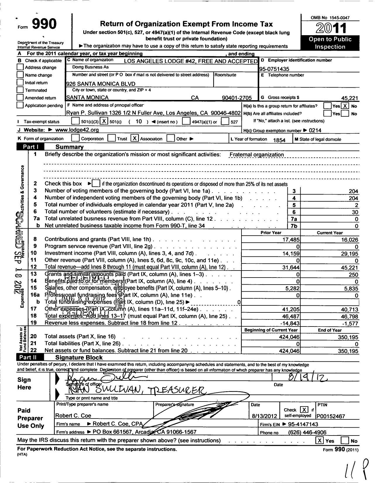 Image of first page of 2011 Form 990O for Masons of California - 42 Los Angeles Lodge