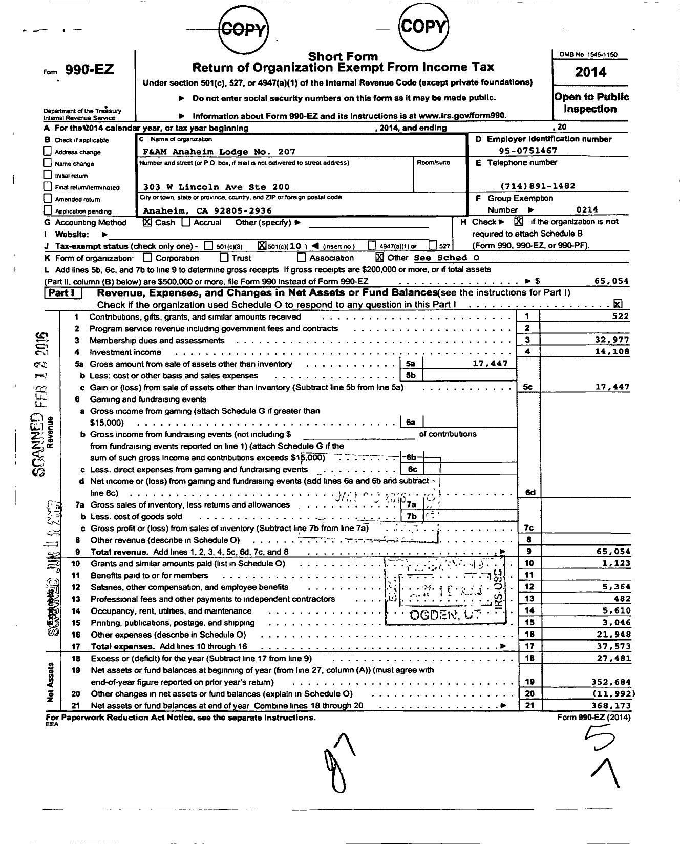 Image of first page of 2014 Form 990EO for Masons of California - F&am Anaheim Lodge No 207